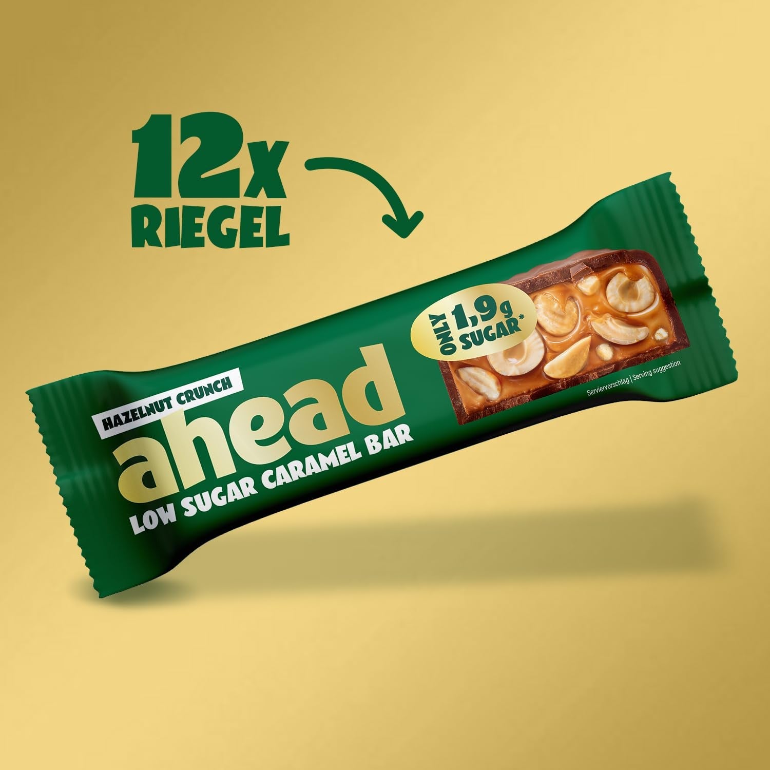 Karamel Hazelnoot Chocoladerepen vooruit | 12 chocoladerepen x 35 g zonder toegevoegde suiker | 1,9 g suiker per reep | Krokante hazelnoot- en karamelsmaak | Koolhydraatarme snoepjes | Geen palmolie