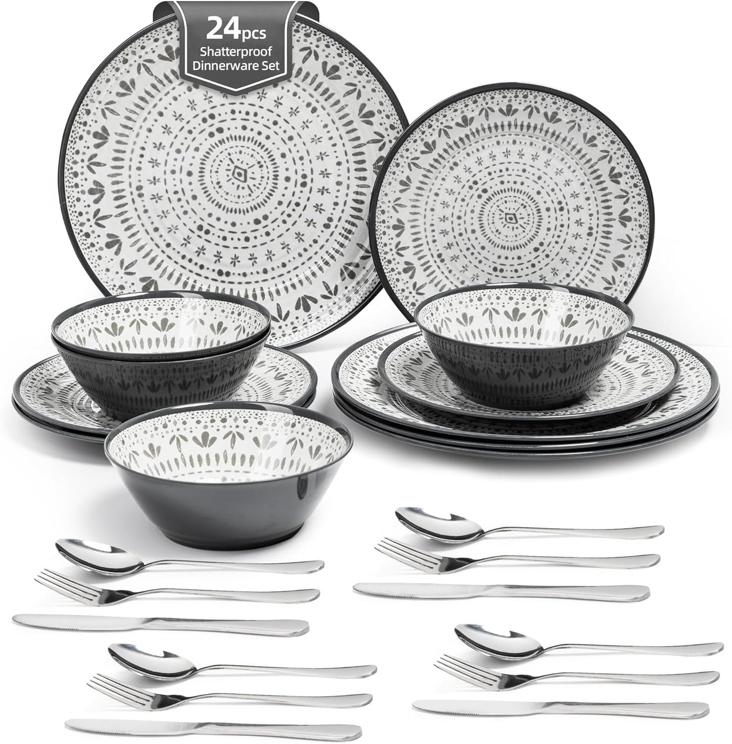 24-delige melamine bestekset 4-persoons campingbestek en serviesset - voor reizen en buitengebruik