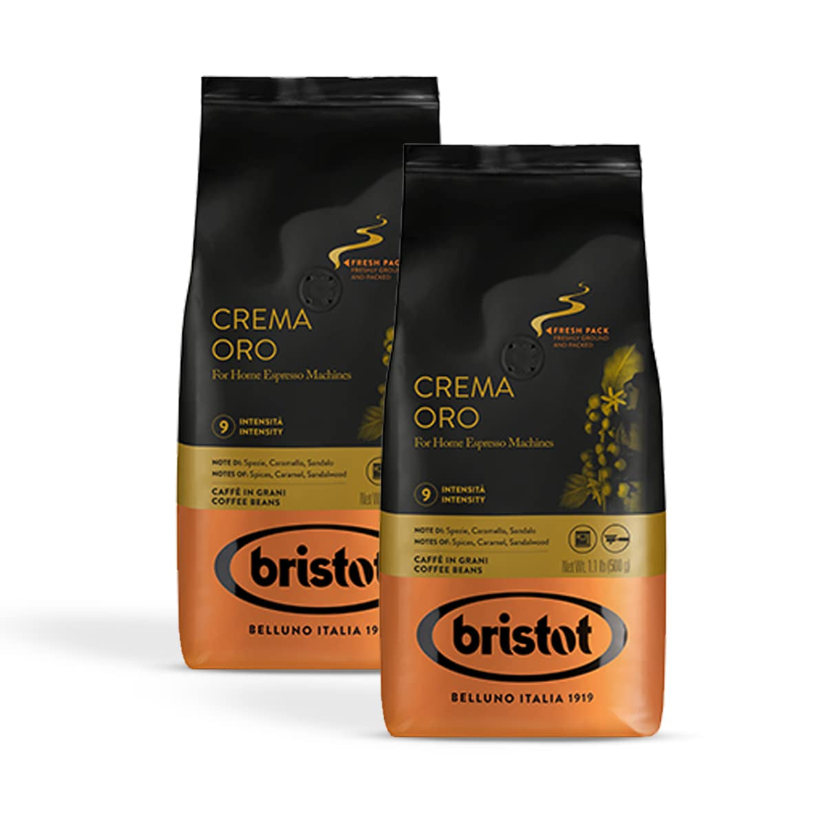 Bristot, Kaffeebohnen CREMA ORO – Totaal 1 kg – Mischung mit intensivem Aroma, süßem Geschmack, Gewürzen, Caramel, Sandelholznoten – Set met 2 pro 500 g