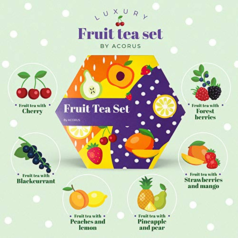 ACORUS | Luxe fruittheeservies | Cadeauset met natuurlijke theeën in 6 smaken | Kruidenthee, vruchtenthee | Assortiment thee | Theedoos met 60 theezakjes