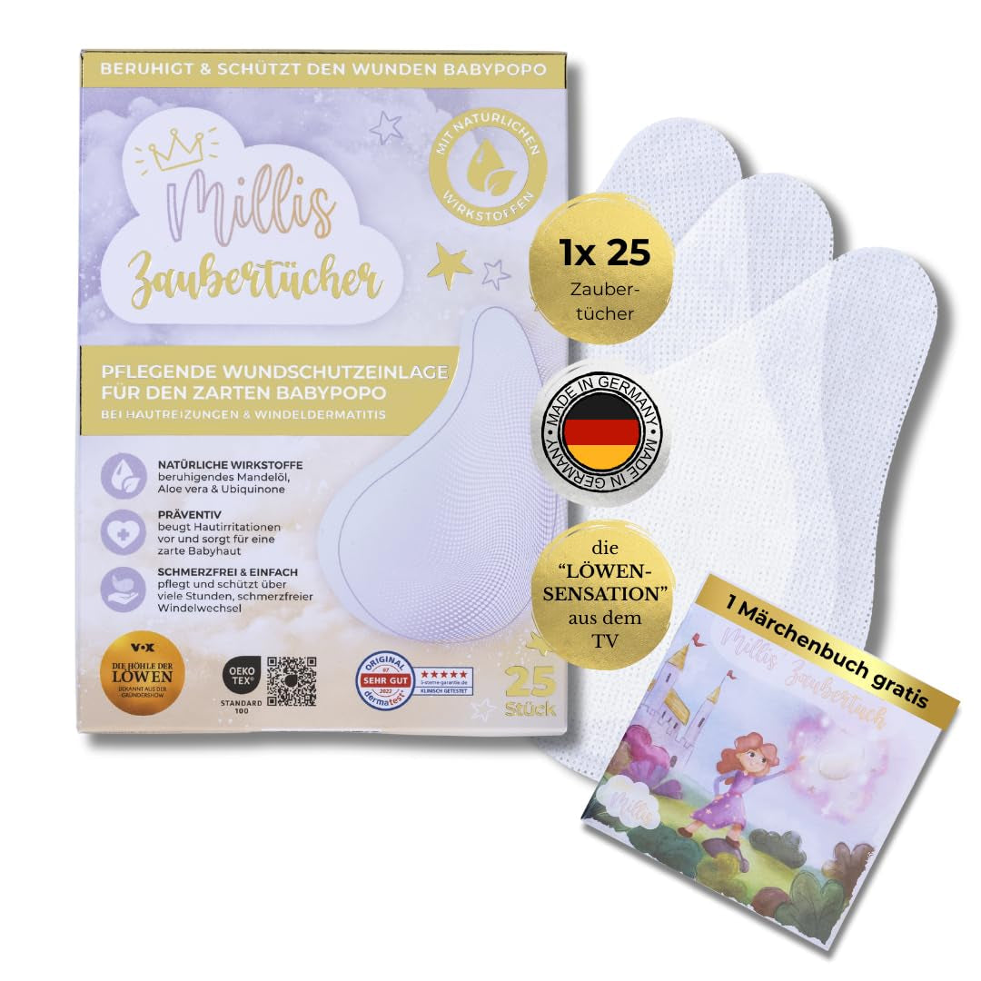 Millis Zaubertücher bei Windeldermatitis Baby, Bekannt aus "Die Höhle der Löwen", 25 Tücher (1 x 25er) met Aloë Vera, Mandelöl & Q10 - Pflegt, Schützt & dient als Wundschutz bei gereizter Haut