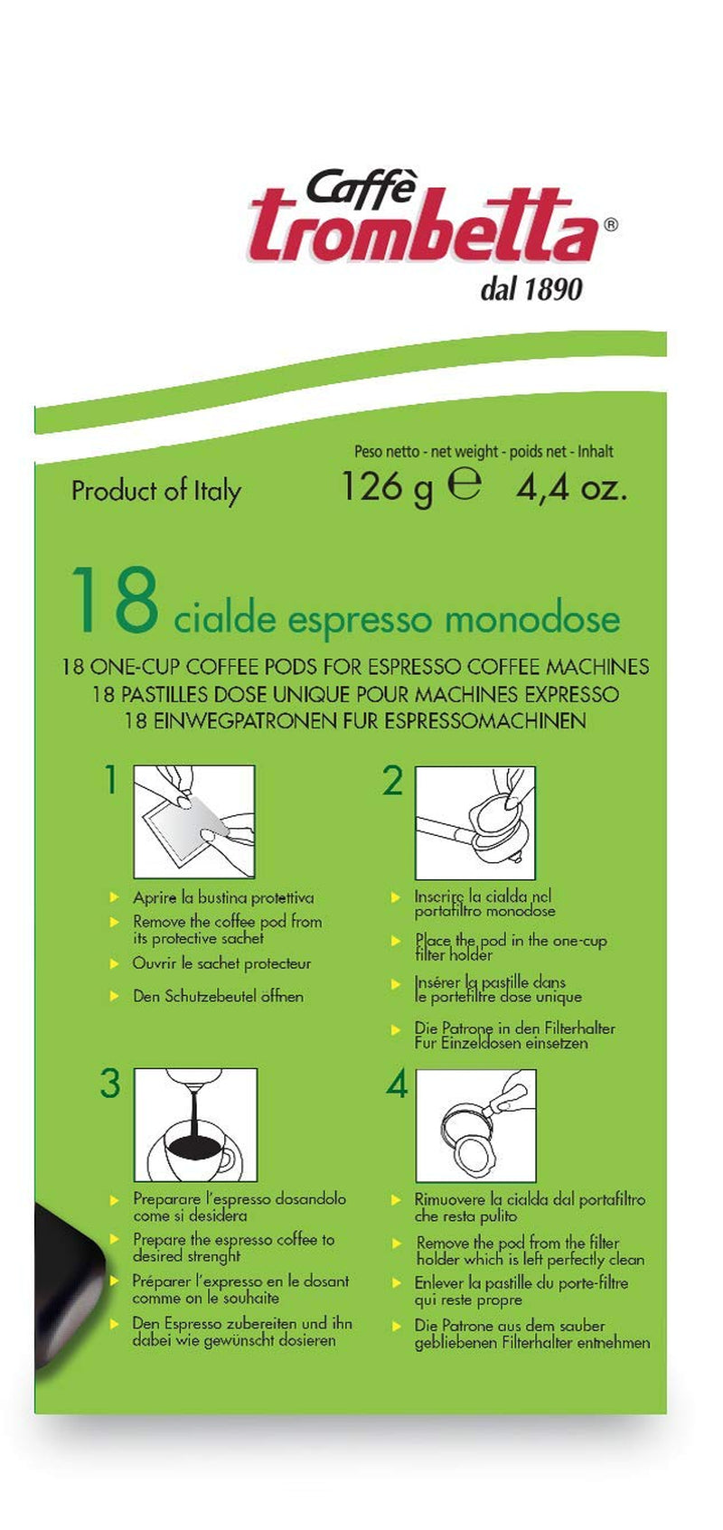 Caffè Trombetta ESE Kaffeepads, Italien Kaffee, Richhaltiges Aroma en samtiger Gesmack Biologisch - 1 Packungen van je 18 Kaffeepads