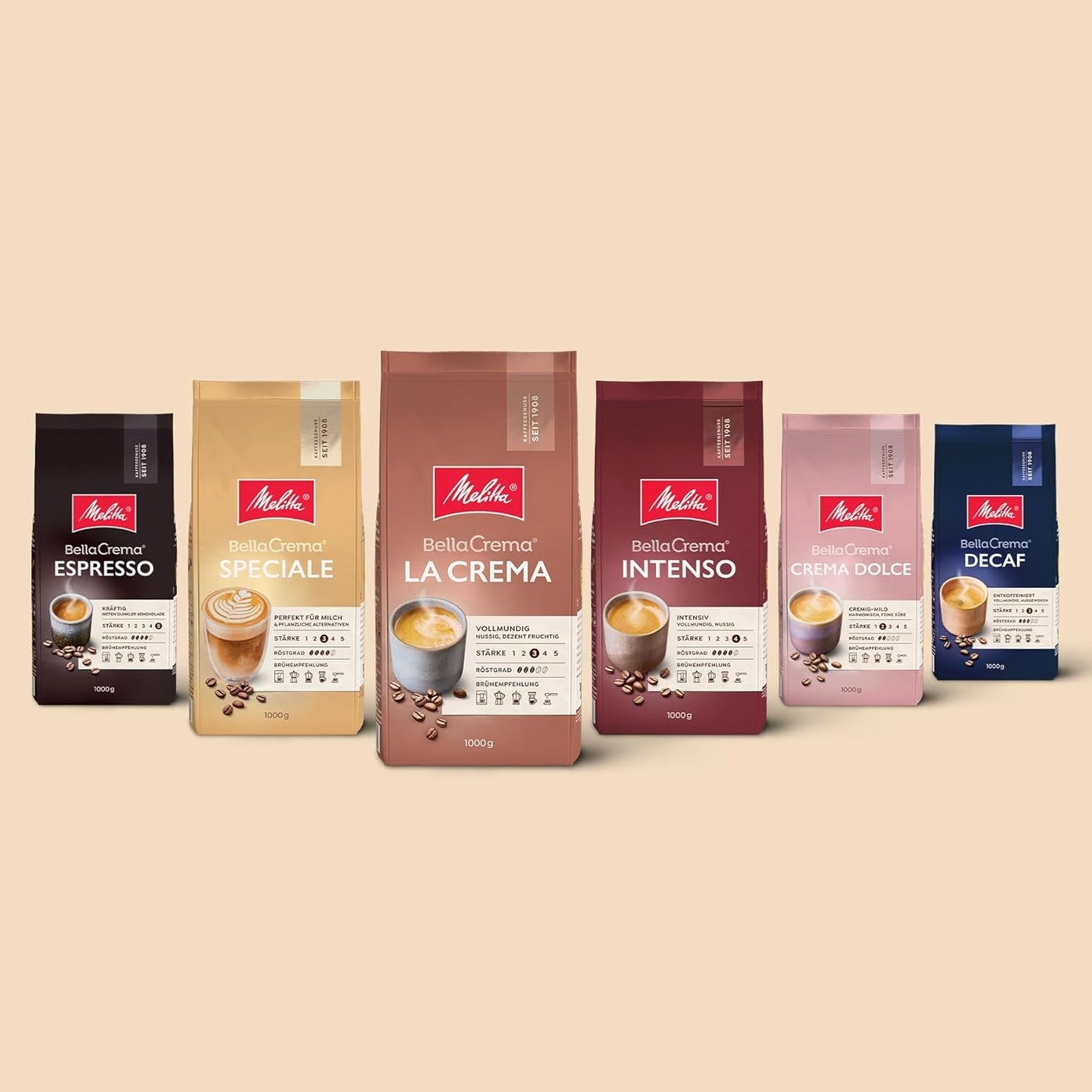 Melitta BellaCrema La Crema Ganze Kaffee-Bohnen 1kg, ungemahlen, Kaffeebohnen für Kaffee-Volautomat, medium Röstung, geröstet in Deutschland, Stärke 3