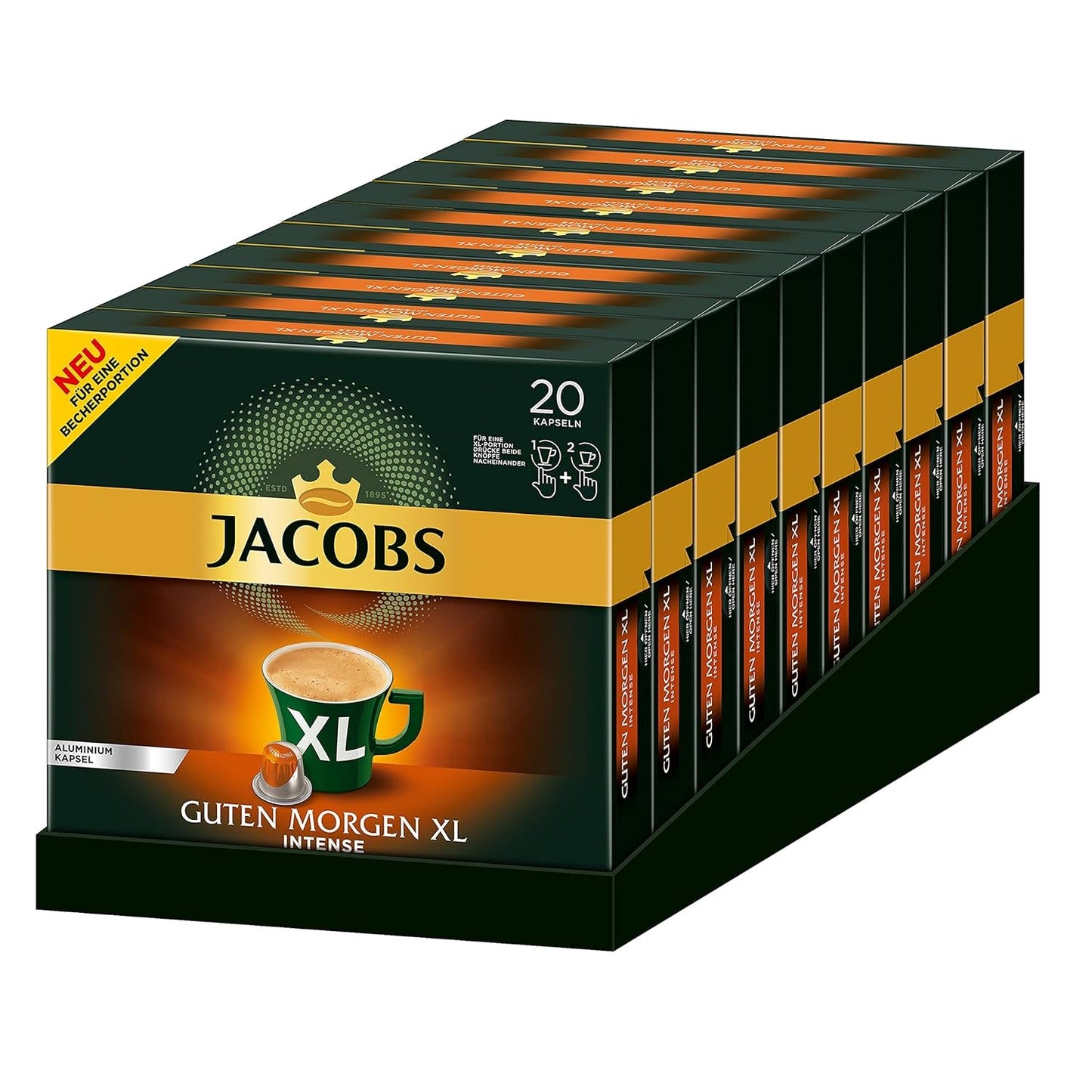 Jacobs Kaffeekapseln Guten Morgen XL Intense - 10er Pack (10 x 20 Getränke) & Kaffeekapseln Lungo Classico, Intensität 6 van 12, 20 Nespresso®* compatibele Kapseln, 10 x 20 Getränke