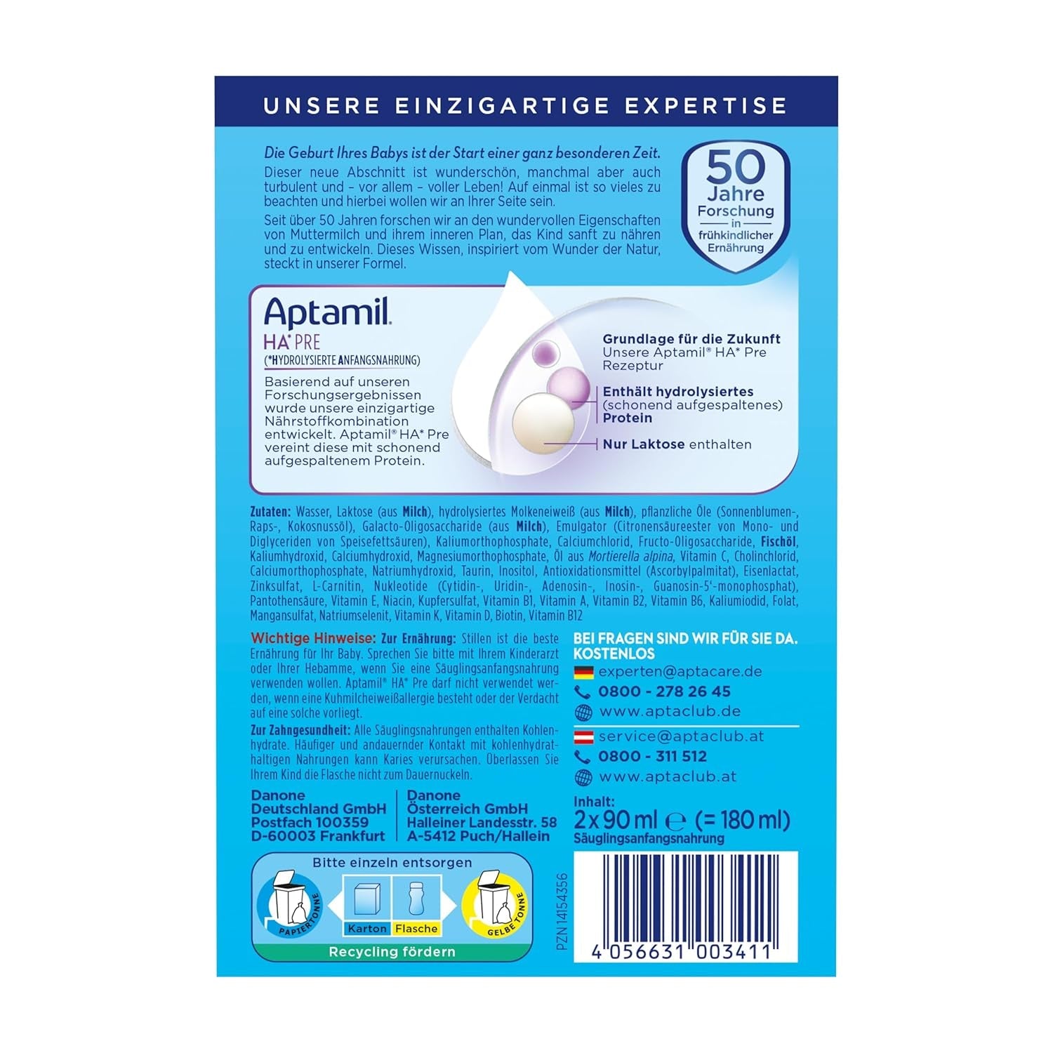 Aptamil HA Pre Ready to Drink – Gehydrolyseerde melk voor zuigelingen vanaf de geboorte – 4 x 2 x 90 ml