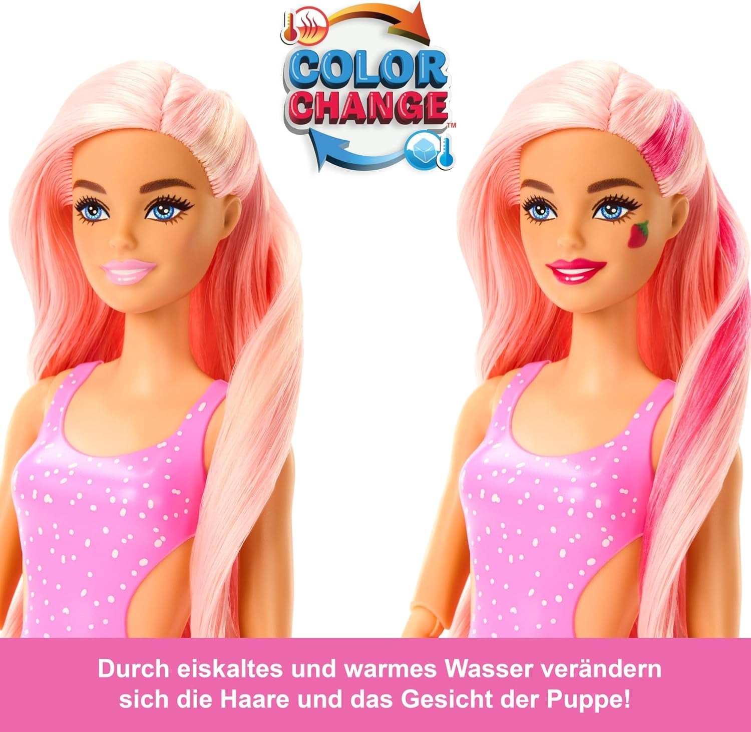Barbie Pop Reveal Fruit - Verrassingspoppen met 8 fruitige verrassingen, waaronder een positioneerbare pop met de geur van aardbeienlimonade en een donzige puppy, vanaf 3 jaar, HNW41