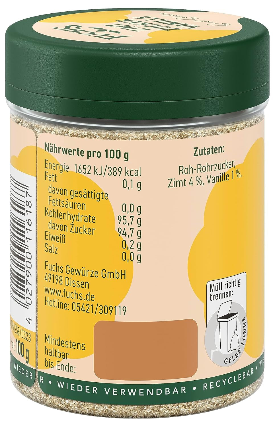Fuchs Gewürze - Zimt Zucker Vanille - Gewürz zum Versüßen von Wafeln, Milchgetränken oder Joghurt - aus natürliche Ingrediënt - 100 g in wiederverwendbarer, recyclebarer Dosis