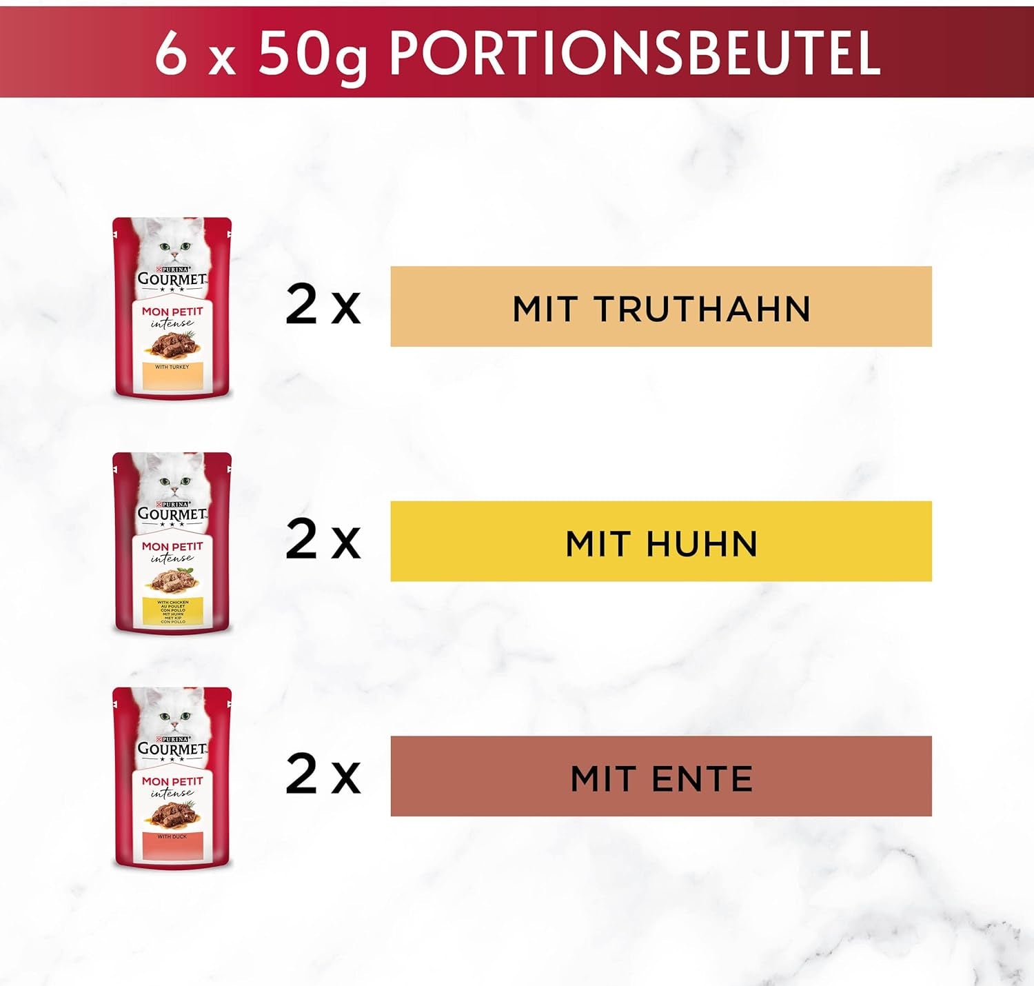 Gourmet Mon Petit Intense natvoer voor katten, gevogeltevariëteit, 8 stuks (8 x 6 zakjes van elk 50 g)