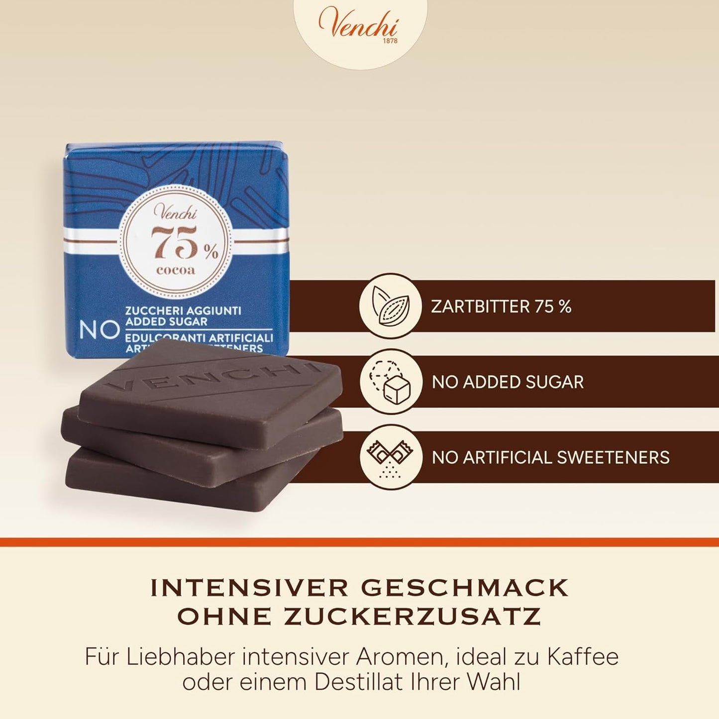 Venchi – Granblend Extra Zwart 75% GEEN toegevoegde suiker, 1 kg – GEEN kunstmatige zoetstoffen – glutenvrij – veganistisch