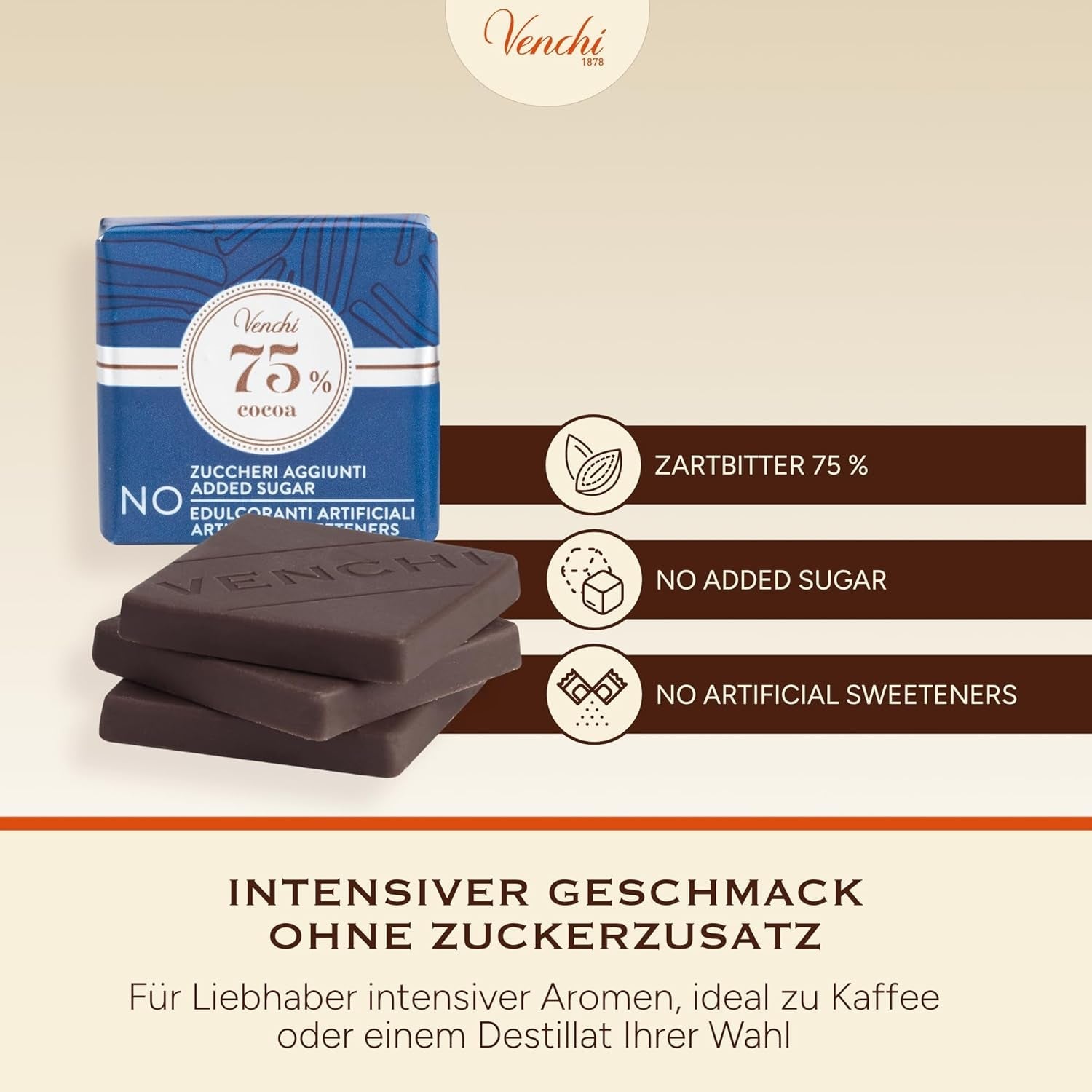 Venchi – Granblend Extra Zwart 75% GEEN toegevoegde suiker, 1 kg – GEEN kunstmatige zoetstoffen – glutenvrij – veganistisch