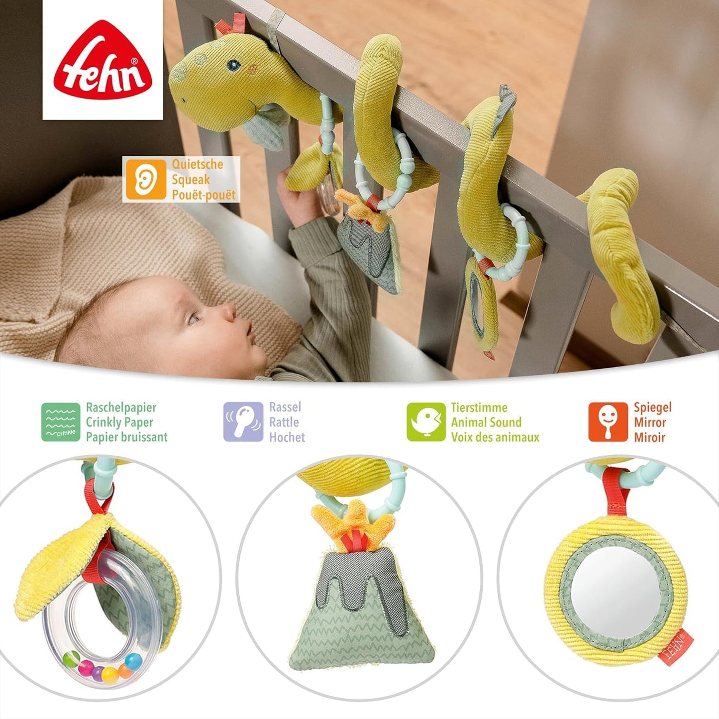 Fehn Activity Spiral Dino - duw- en trekkinderwagenspeelgoed - babydinosaurusspeelgoed voor bed, speeltuin, kinderwagen en autostoel - speelgoed voor motorische activiteit voor baby's en peuters vanaf 0+ maanden Babyspeelgoed Naty Shop