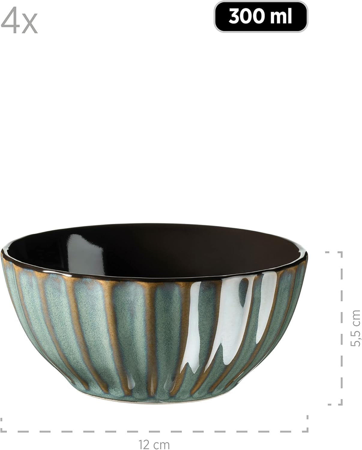 MÄSER 931966 Confino-serie servies voor 4 personen, moderne vintage look, keramische ontbijtset, 12-delig, petroleumkleur met zwarte accenten, steengoed