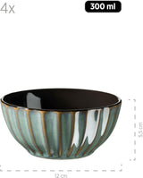 MÄSER 931966 Confino-serie servies voor 4 personen, moderne vintage look, keramische ontbijtset, 12-delig, petroleumkleur met zwarte accenten, steengoed