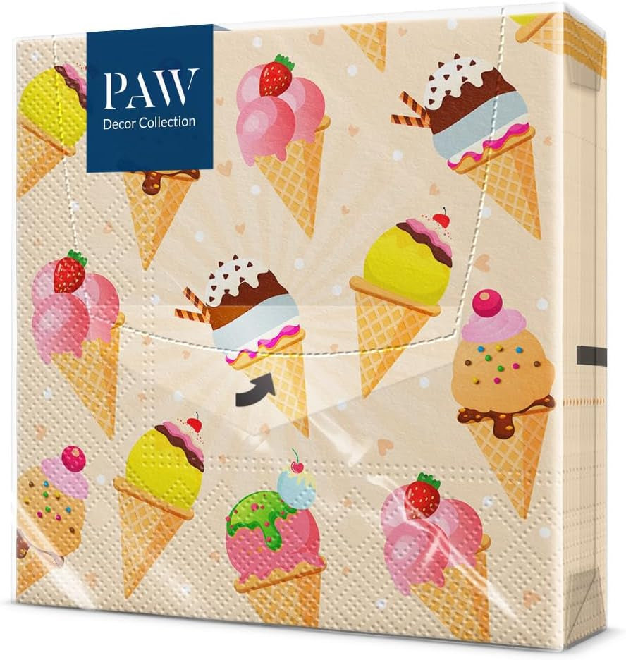 PAW - 3-laags servetten (33 x 33 cm) I 20 stuks I Perfect voor feesten, verjaardagen, feestdagen I Tafeldecoraties voor kinderfeestjes - Papieren servetten met kleurrijk motief - IJs I IJs