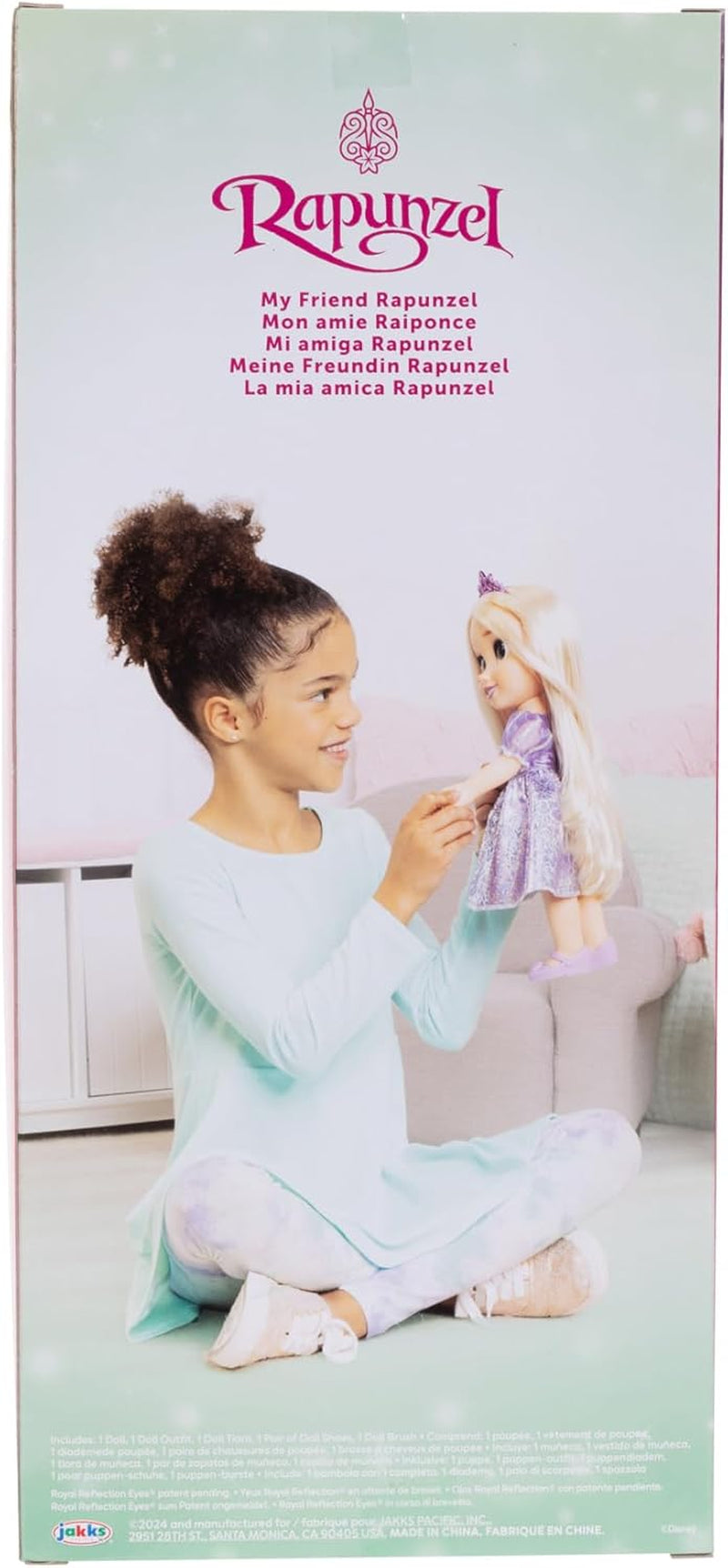Disney Princess Rapunzel pop van 35 cm, reflecterende glitterogen, beweegbare gewrichten, afneembare jurk, schoenen, kroon, lang blond haar, voor meisjes vanaf 3 jaar