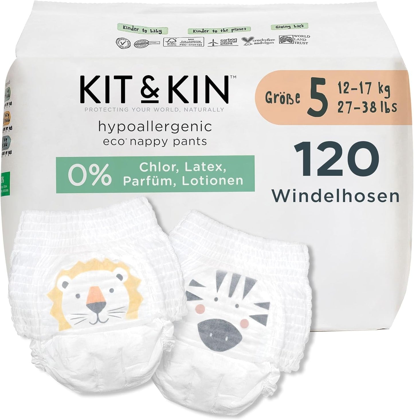 Kit & Kin Premium Eco-luiers, maat 4 (9-16 kg), 132 luiers, plantaardig en hypoallergeen, betrouwbare lekbescherming, veganistisch en dierproefvrij