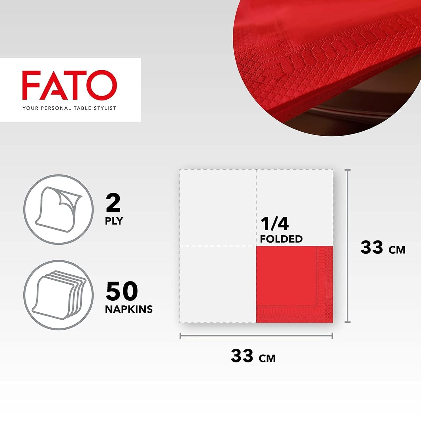- Papieren wegwerpservetten, ideaal voor informele lunches en buffetten, 50-pack servetten, maat 33X33, 4-voudig, 2-laags, rood, 100% puur cellulosepapier, Fsc-gecertificeerd