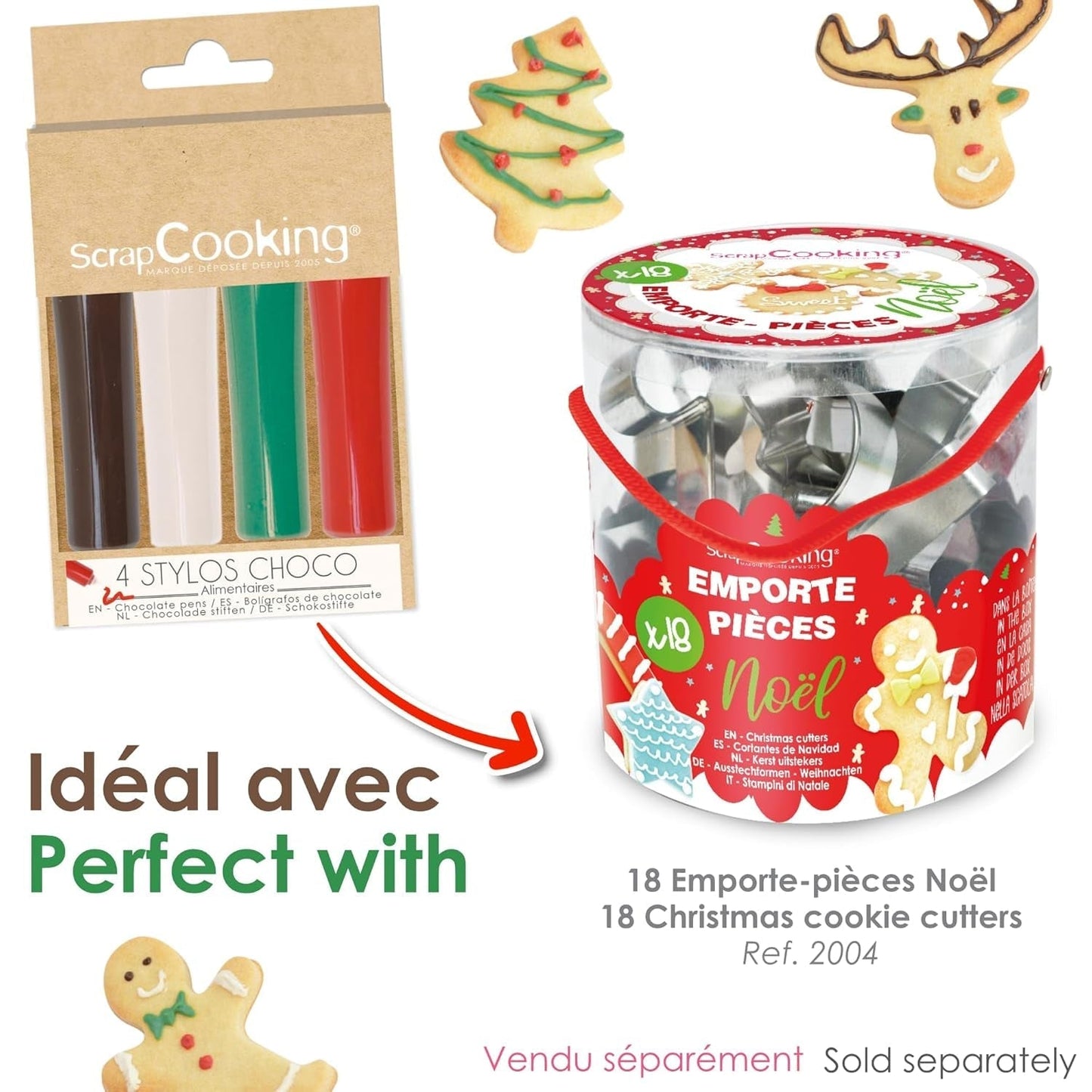 Scrapcooking - Set van 4 kerstchocolade kleurpotloden - bruin, wit, groen en rood - eetbare kleurstof - kleurstof voor schrijven - schrijven en tekenen op desserts, cakes en koekjes - 7060
