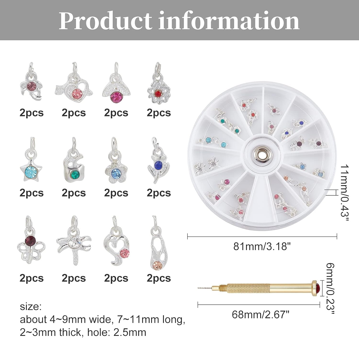 OLYCRAFT 24 stuks Nagelschmuck Ringe Dangle Nail Art Zubehör Mit Nagelpiercing Tool Nagelbohrer Manuelle Bohrer Aus Legierung Für Tips, Acryl, Gele en Decoratie