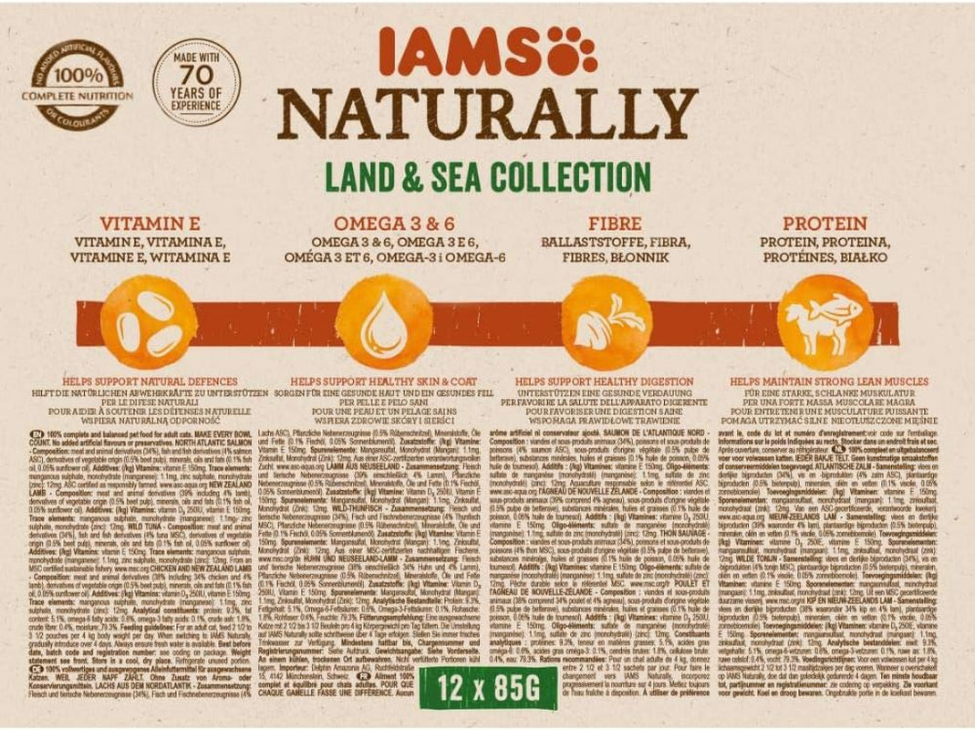 IAMS Natuurlijk nat kattenvoer in saus - Hoogwaardig vlees- en visnatvoer voor volwassen katten, Land & Sea Collection, 12 x 85 g