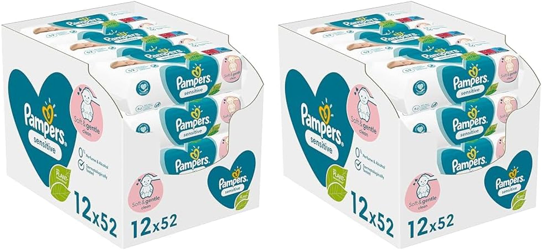Pampers Sensitive babydoekjes, 624 doekjes (12 x 52), ongeparfumeerd, voor zachte, milde reiniging (pak van 2)