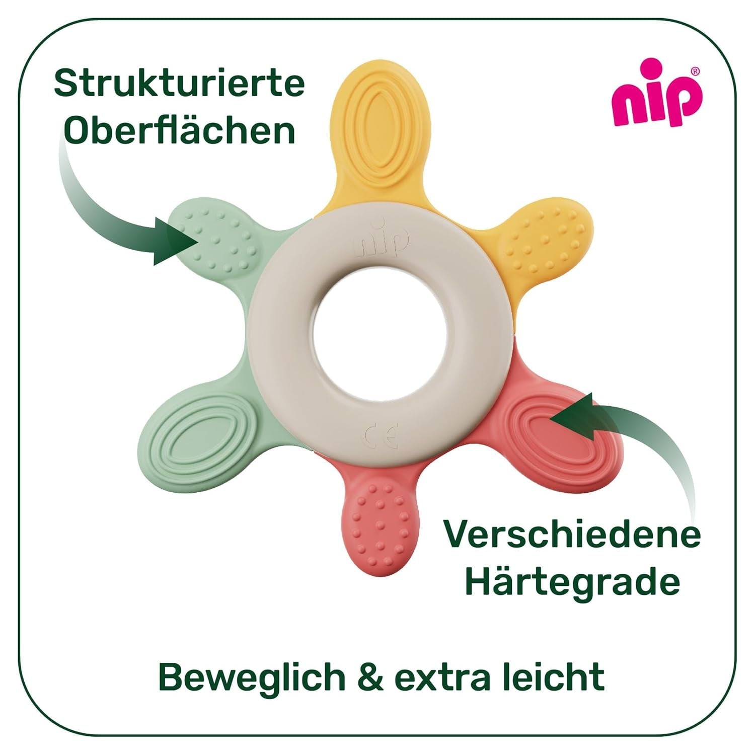 nip – Bijtring | Duurzame bijtring voor baby's vanaf 3 maanden, gemaakt van ruim 65% natuurlijke grondstoffen. Voor zachte massage van tandvlees, tong en tanden | Rood/Groen/Oranje