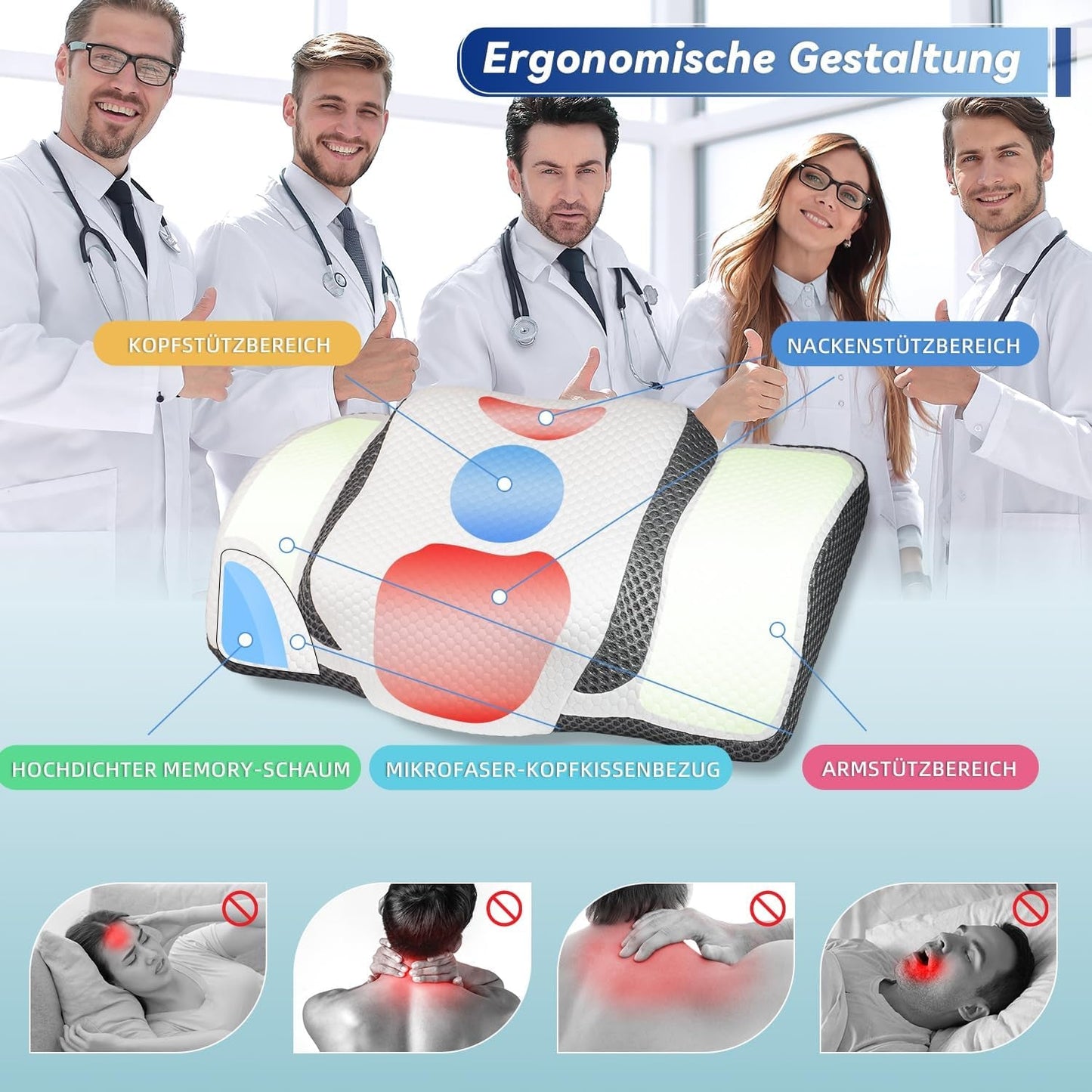Orthopedisch kussen, ergonomisch nekkussen, hoofdkussen, origineel traagschuimkussen voor zijkanten, rug- en maagondersteuning, neksteunkussen voor mannen, vrouwen (67,3 x 38,2 x 13,8/3 cm) Cervicale orthopedische kussens Naty Shop