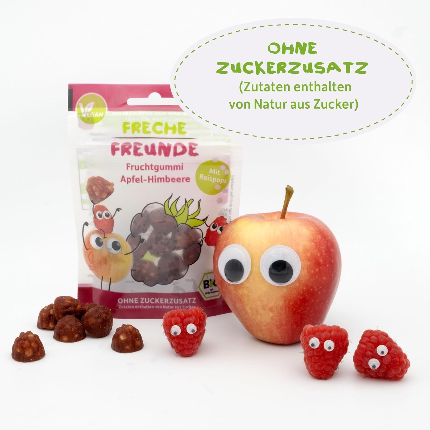 FRECHE FREUNDE Biologische fruitgelei, appel-, frambozen- en rijstlolly's, fruitige zoete snack voor kinderen, glutenvrij, veganistisch, verpakking van 20 (20 x 30 g)