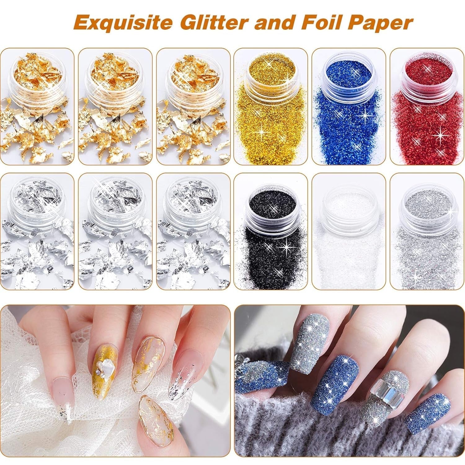 MELLIEX 45 Stück Nail Art Decoratie Zubehör Set, Nägel Pinsel Strasssteine ​​Glitzer Goldfolie Nageldesign Dotted Pen Streifenband Für Nagelkunst Maniküre Set