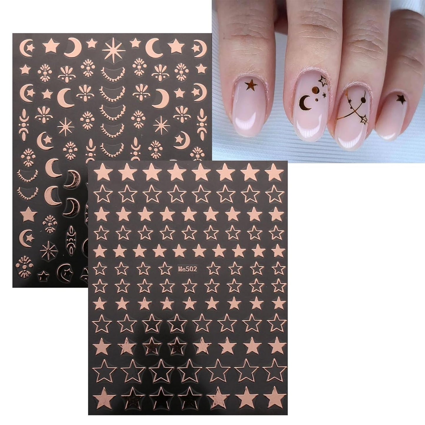 JMEOWIO Nagelsticker Mond Stern 10 Blatt Nail Art Sticker Selbstklebend Nagelaufkleber Roségold Decoratie Nageldesign Zubehör