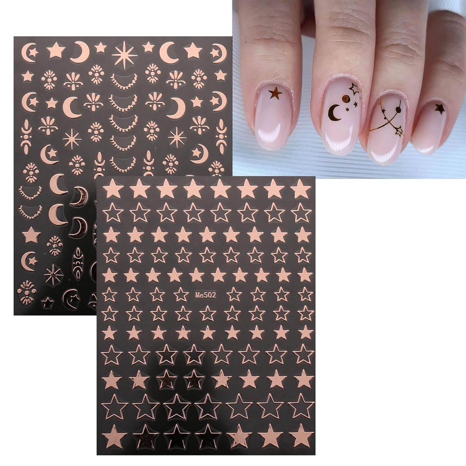 JMEOWIO Nagelsticker Mond Stern 10 Blatt Nail Art Sticker Selbstklebend Nagelaufkleber Roségold Decoratie Nageldesign Zubehör