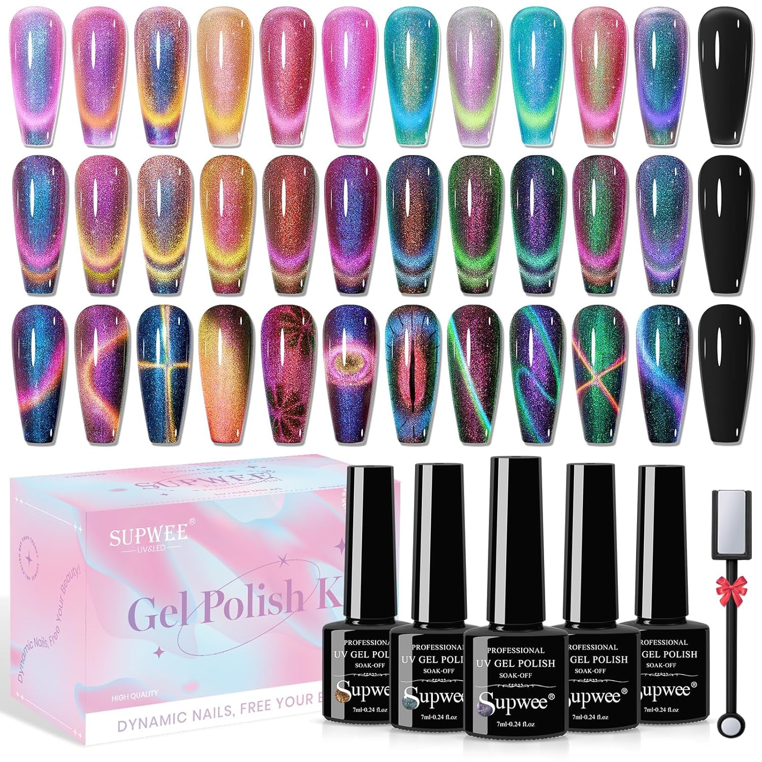 SUPWEE 5 in 1 nagelmagneetgereedschap, roze Cat Eye-magneet voor nagelmultifuncties Magnetstift DIY Magic 3D-magneetstick-pennenset Nail Art-magneetstick voor nagelkunst doe-het-zelf