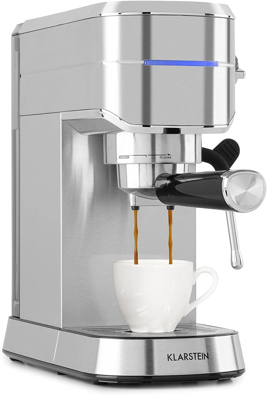 Klarstein Futura espressomachine, draagbare filter-espressomachine, 1450 W, 20 bar, Barista-kwaliteit, dubbele sproeier, doorstroomstop, draagbare filter-espressomachine, melkopschuimfunctie, zilver