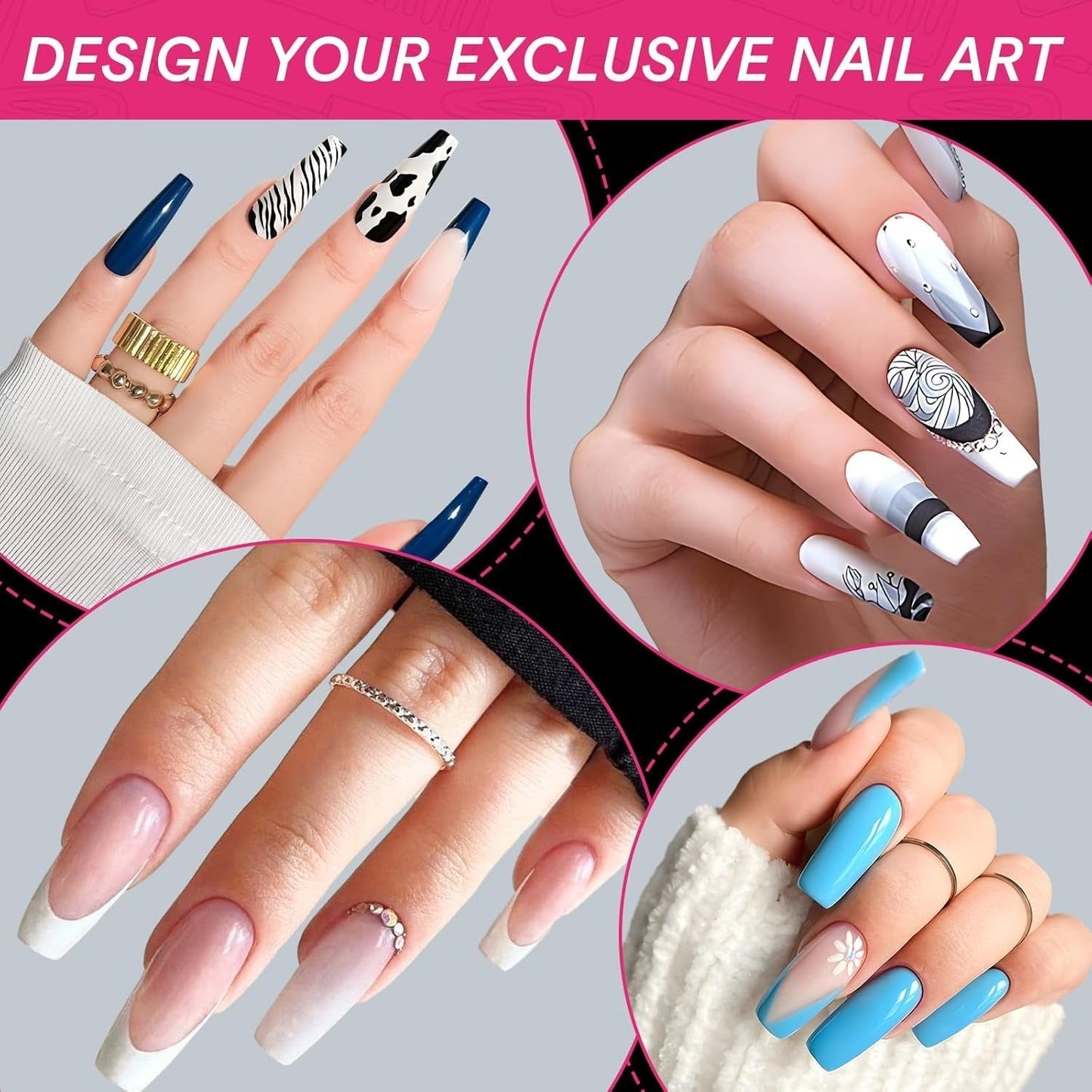 Alyvisun Ballet nageltips, 500 stuks volledig dekkende acryl nageltips met 240 stuks nagelstickers set, 10 maten transparante gelnageltips Zachte gelnageltips Ballerina nageltips