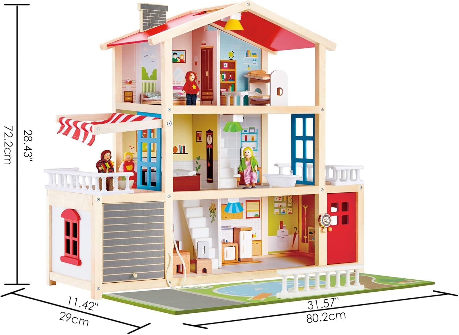 E3405 - Poppenhuis, poppenhuis met accessoires, houten en E3475 - Poppenhuisaccessoires, gezinsauto