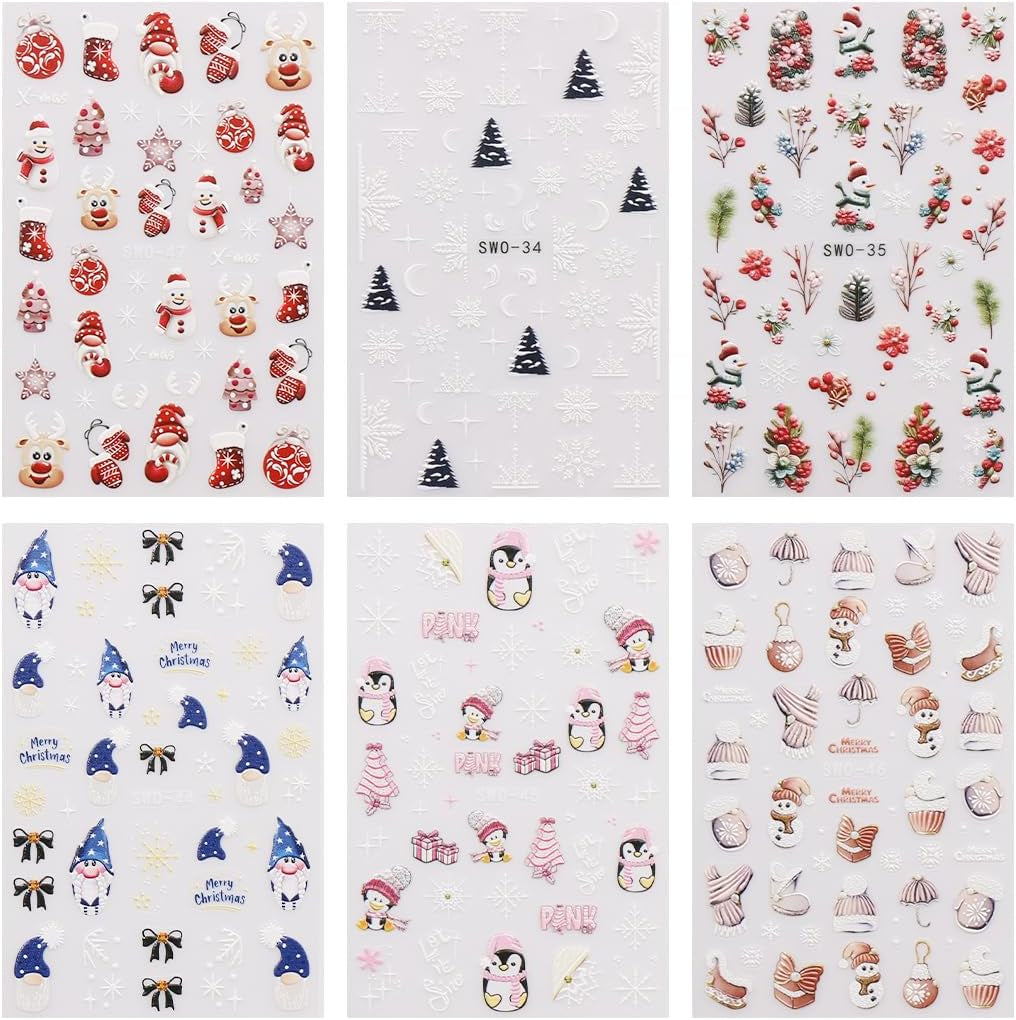 JMEOWIO Nagelsticker Weihnachten 6 Blatt Nail Art Sticker Selbstklebend Nagelaufkleber Schneeflocke Winterurlaub Niedlich Decoratie Nageldesign Zubehör