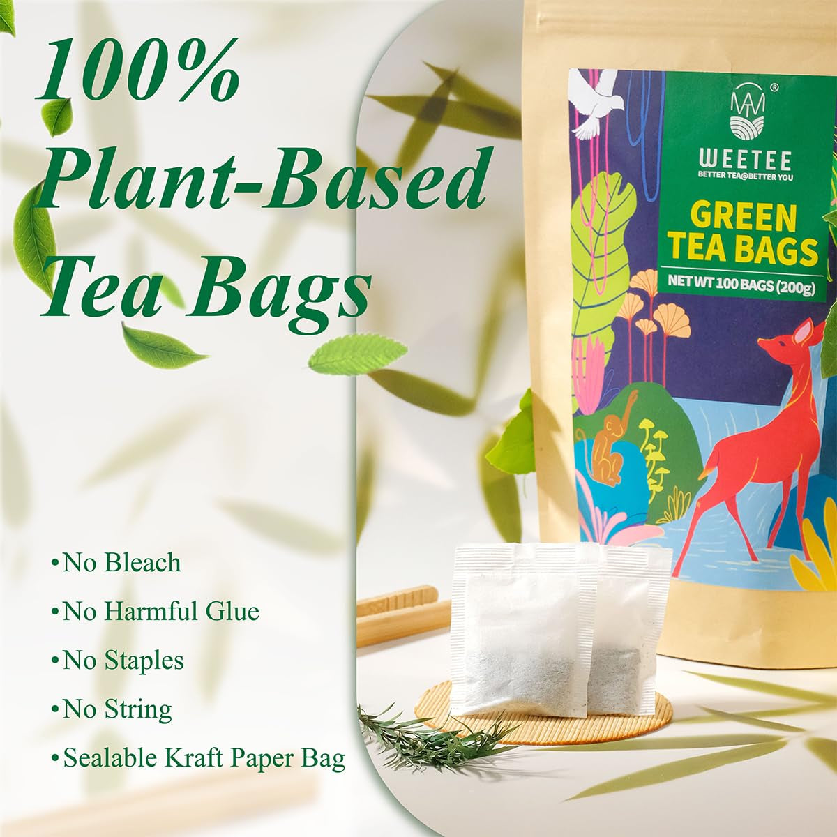 WEETEE Groene Theezakjes, 100 Stuks Groene Theezakjes, Pure Groene Thee, Super Antioxidant | Hersluitbare zakjes | Warme of koude bereiding