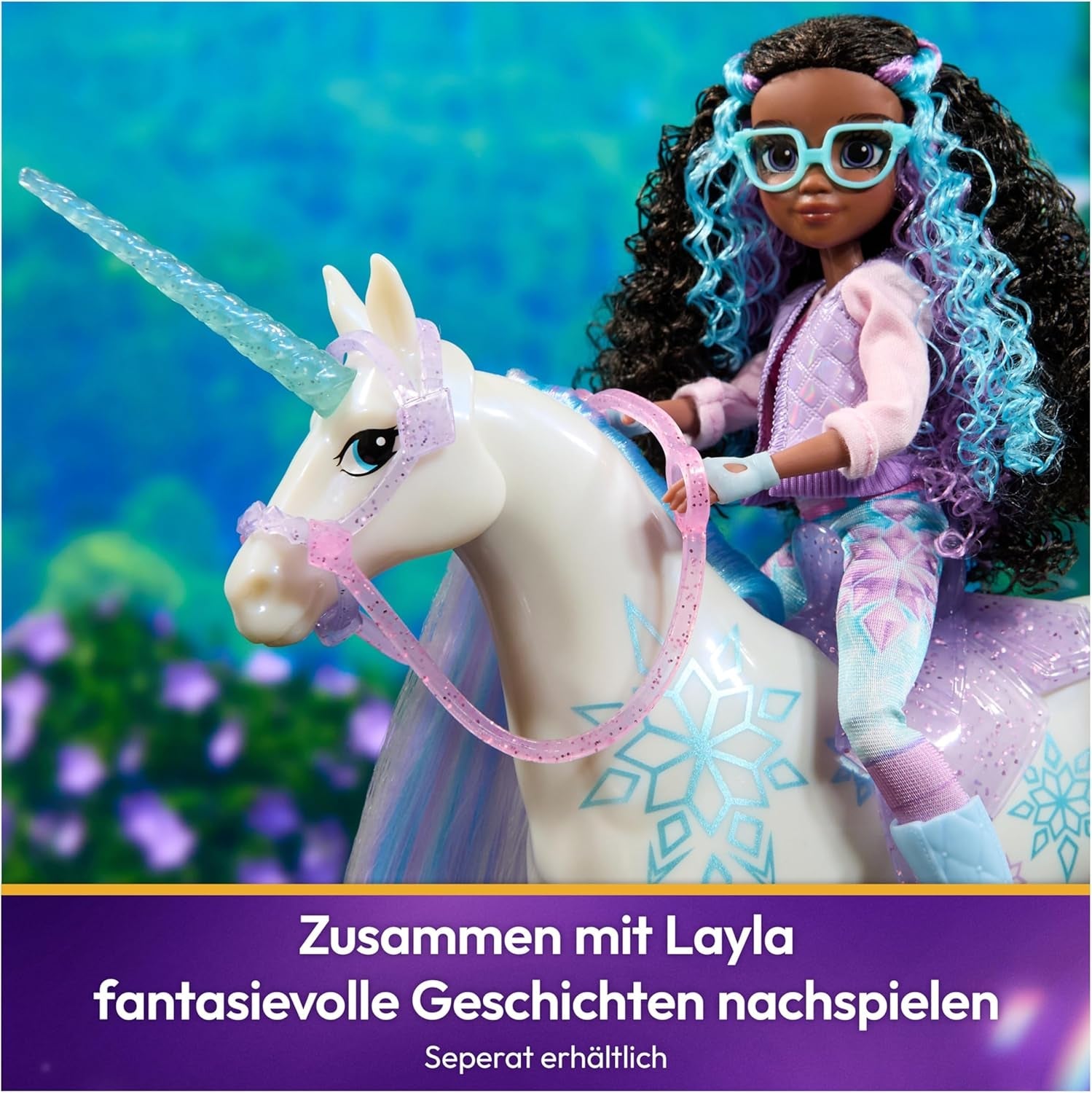 Unicorn Academy Unicorn Glacier - 28 cm hoog, Layla's originele Netflix-eenhoorn met echte manen en staart, afneembaar hoofdstel, zadel en borstel, voor kinderen vanaf 4 jaar