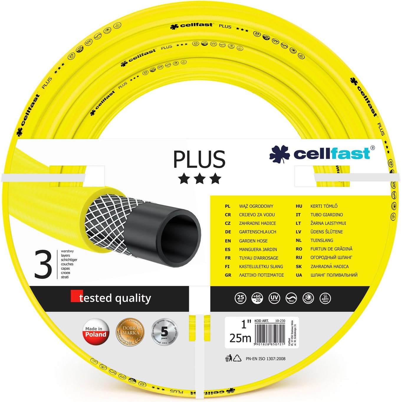 CELLFAST Tuinslang 3,4 inch 3-laags waterslang Tuin Flexibele irrigatieslang met duurzame draadversterking UV-bestendig Anti-algen 25 bar 50 meter en meer