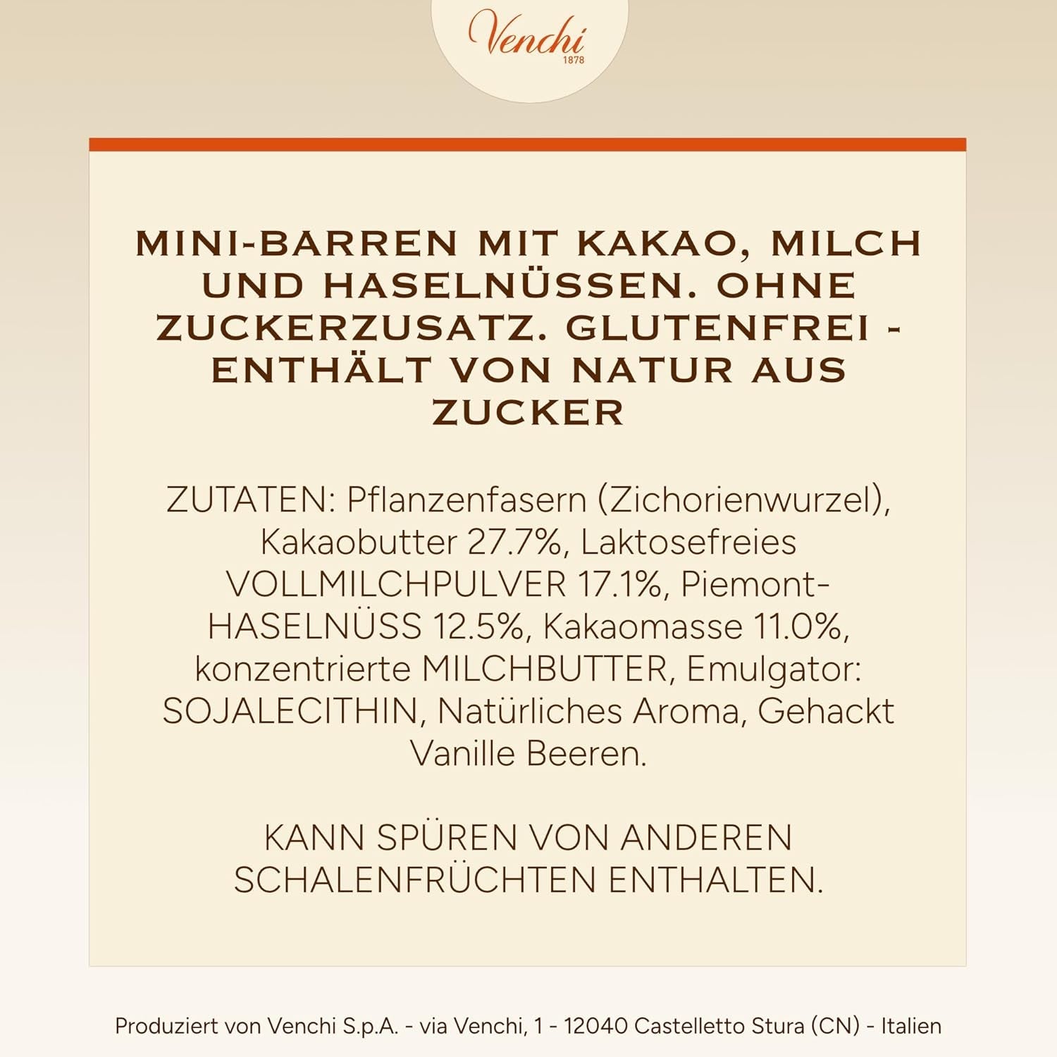 Venchi - Chocoladerepen met melk en hazelnoten - 70% suiker - Pralines met hele hazelnoten BGA Piemonte, 1 kg - Glutenvrij