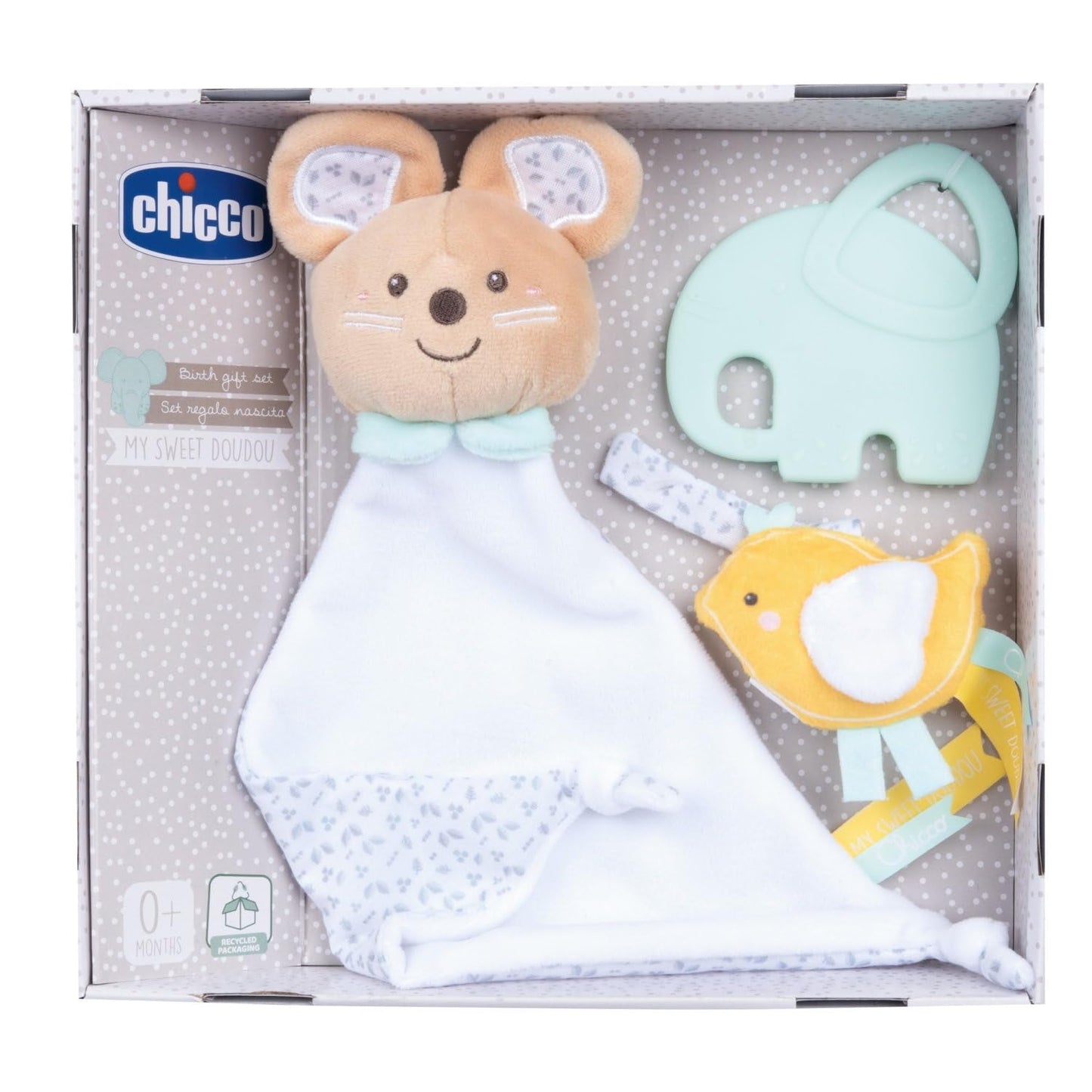 Chicco, My Sweet Doudou babycadeauset, zachte DouDou-deken, velours fopspeen, olifantenbijtring met reliëf, cadeau-ideeën voor pasgeborenen vanaf 0 maanden