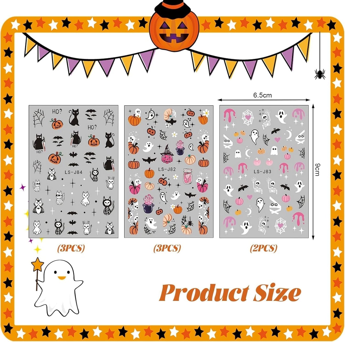Nagelsticker Halloween, 8 Blätter Halloween Nagelsticker, Kürbis Nagelsticker, Nail Art, Nagel Charms, Nagel Zubehör, Nageldesign, Kerstmis (Typ A)
