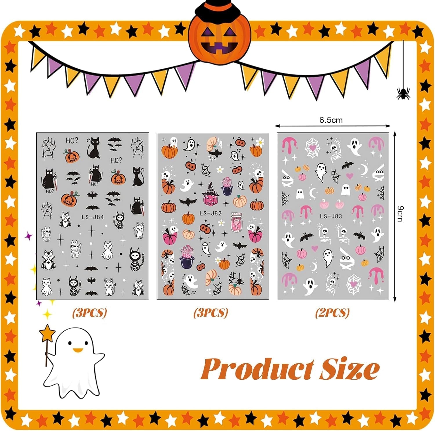 Nagelsticker Halloween, 8 Blätter Halloween Nagelsticker, Kürbis Nagelsticker, Nail Art, Nagel Charms, Nagel Zubehör, Nageldesign, Kerstmis (Typ A)