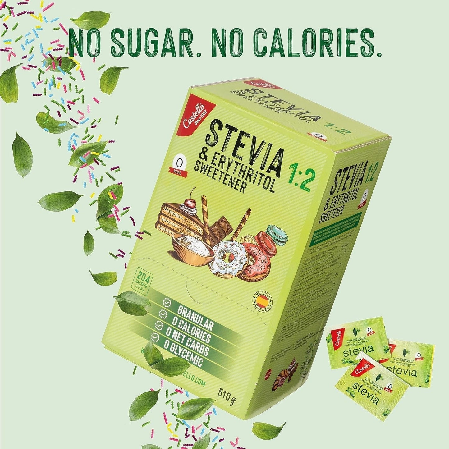 Stevia + Erythritol 1:2 Süßstoff | 204 Mythezak 2,5 G | 100% Natürlicher Zuckerersatz - 0 Kalorien - 0 Glykämischer Index - Keto en Paleo - 0 Kohlenhydrate - Kein GVO - Castello sinds 1907-510 G Zoetstoffen Naty Shop