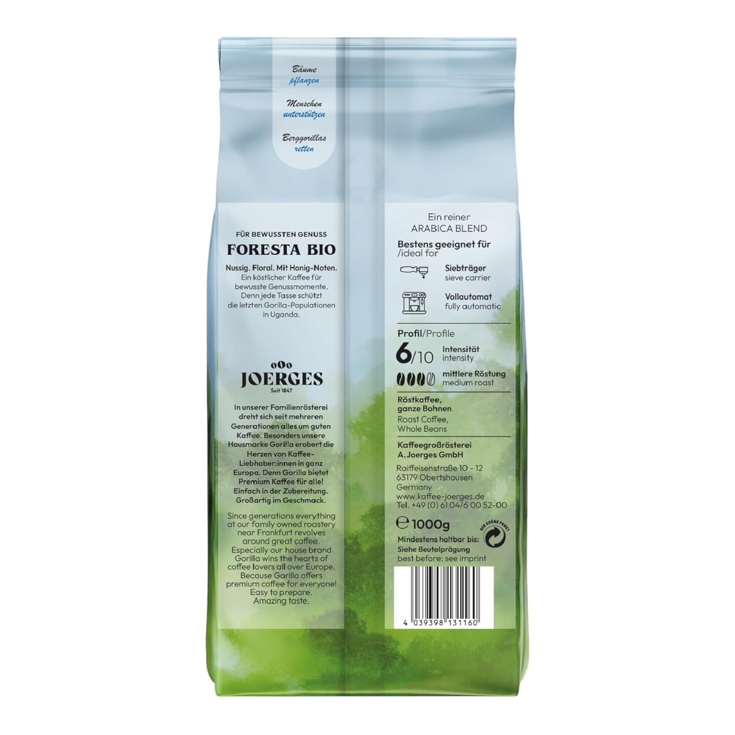Gorilla Foresta Koffie 6 x 1000 g hele geroosterde bonen | Arabica-melange | Portafilter en volautomatische espressomachines | Espresso koffie