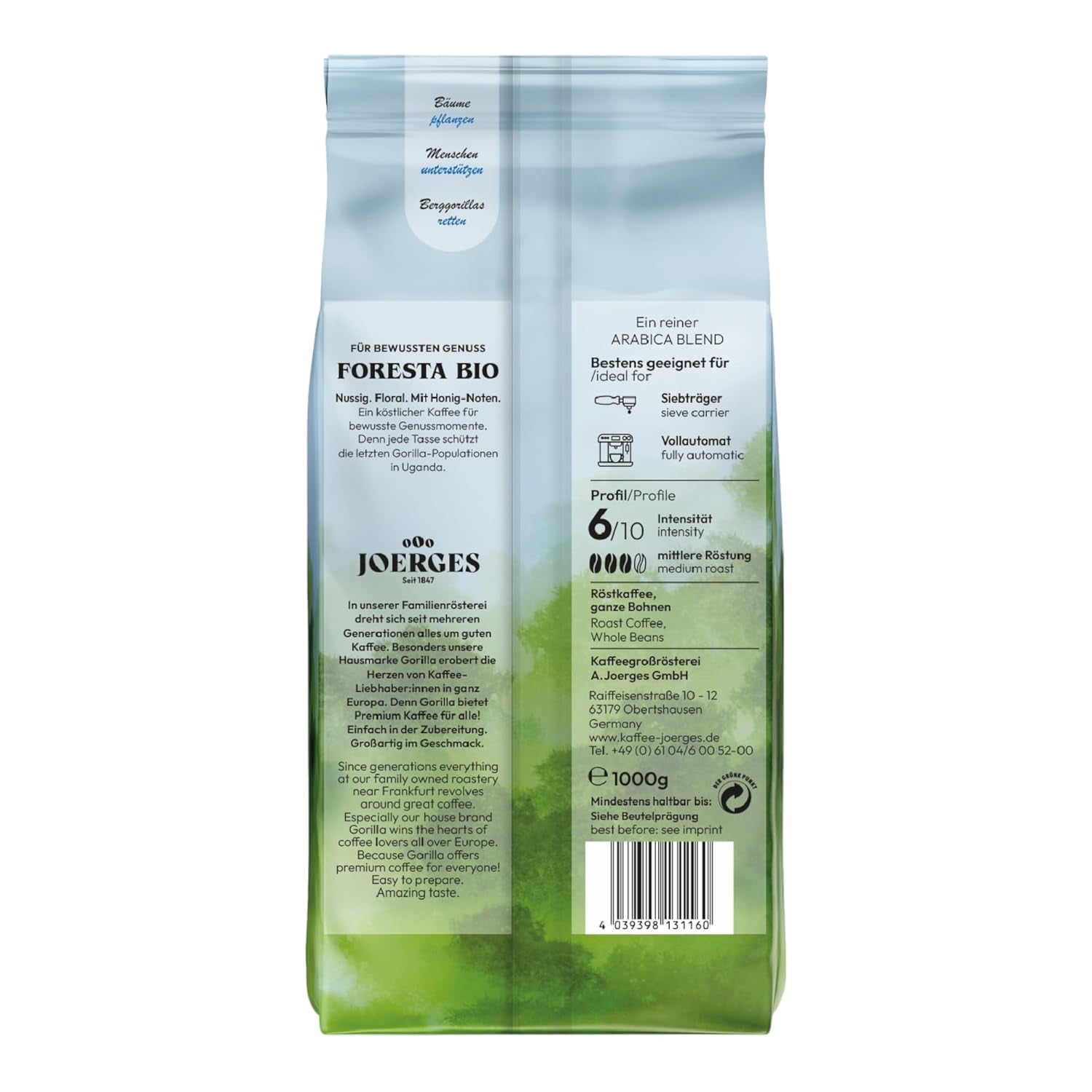 Gorilla Foresta Koffie 6 x 1000 g hele geroosterde bonen | Arabica-melange | Portafilter en volautomatische espressomachines | Espresso koffie