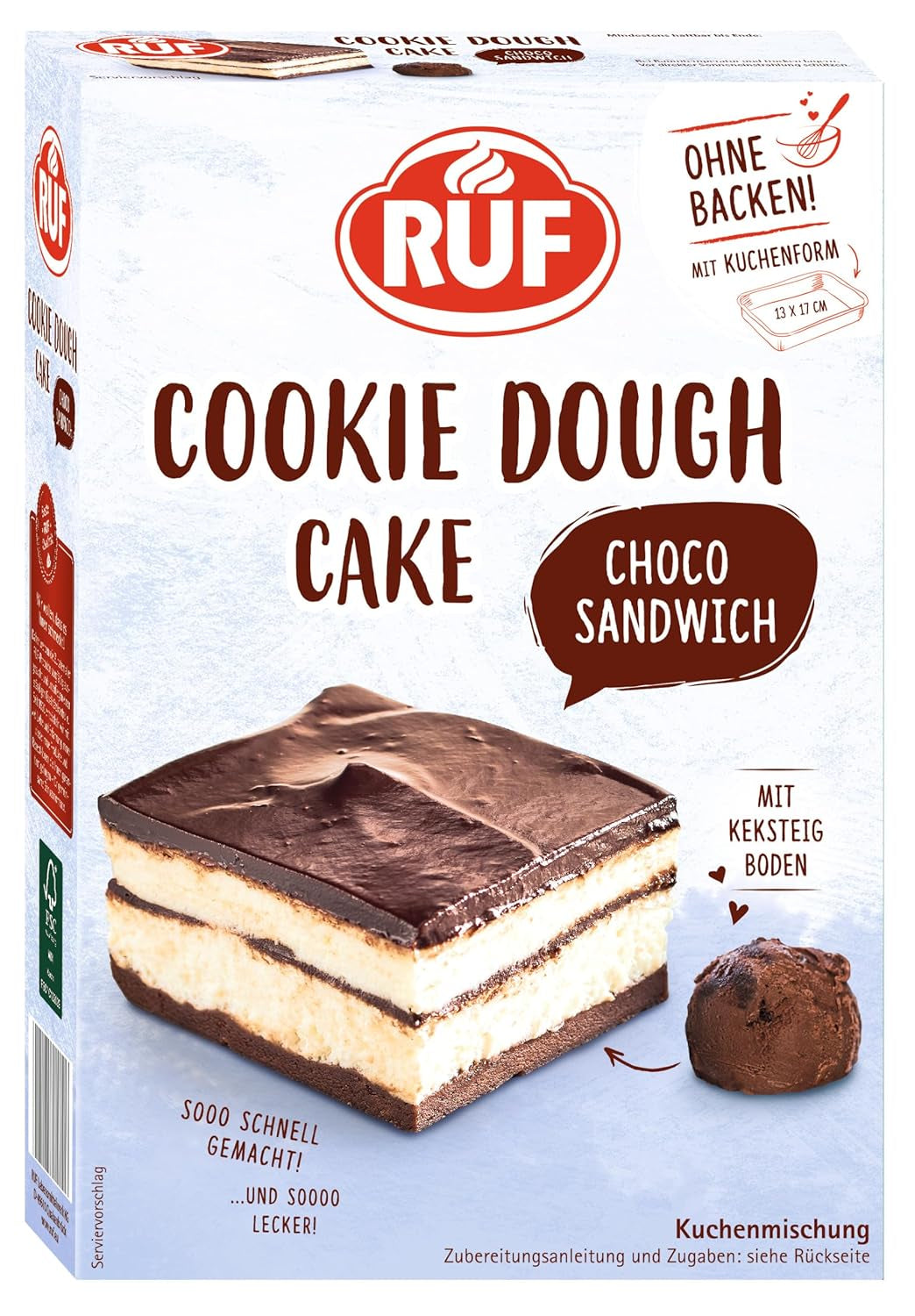 RUF Cookie Dough Cake Ohne Backen, Tortenboden Aus Keksteig Mit Frischkäse-Creme en Schokoladenstückchen, Inkl. Kuchenform, 1X325G Mengsel voor bakken en koken Naty Shop 320 G (1Er Pack) Cookie Dough Sandwich