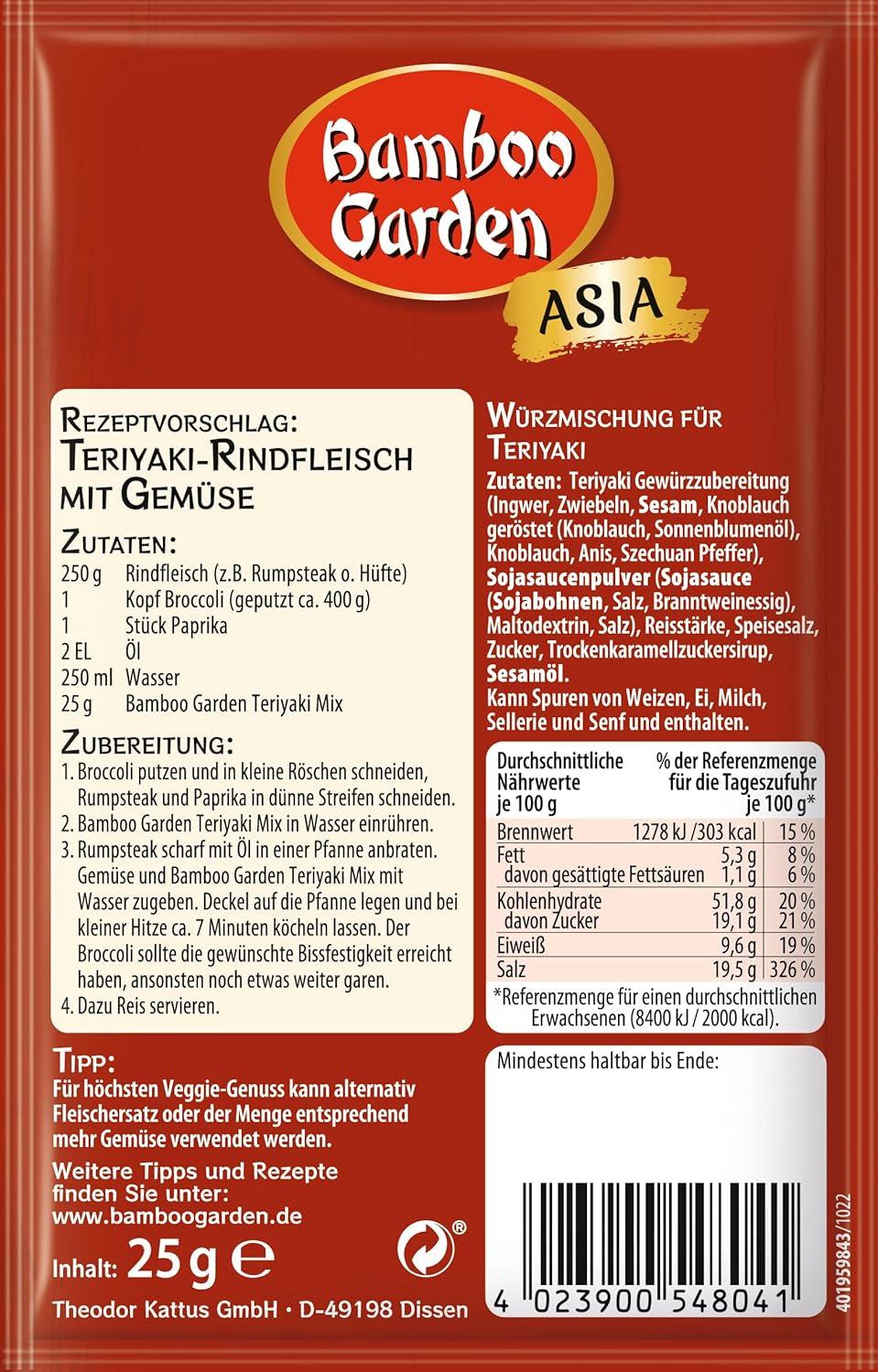 Bamboo Garden - Teriyaki Kruidenmix, Gewürzmischung für Teriyaki, Für 4 Portionen, Ohne Geschmackverstärker en Konservierungsstoffe, 1 x 25 g (Verpackungsdesign kann abweichen)