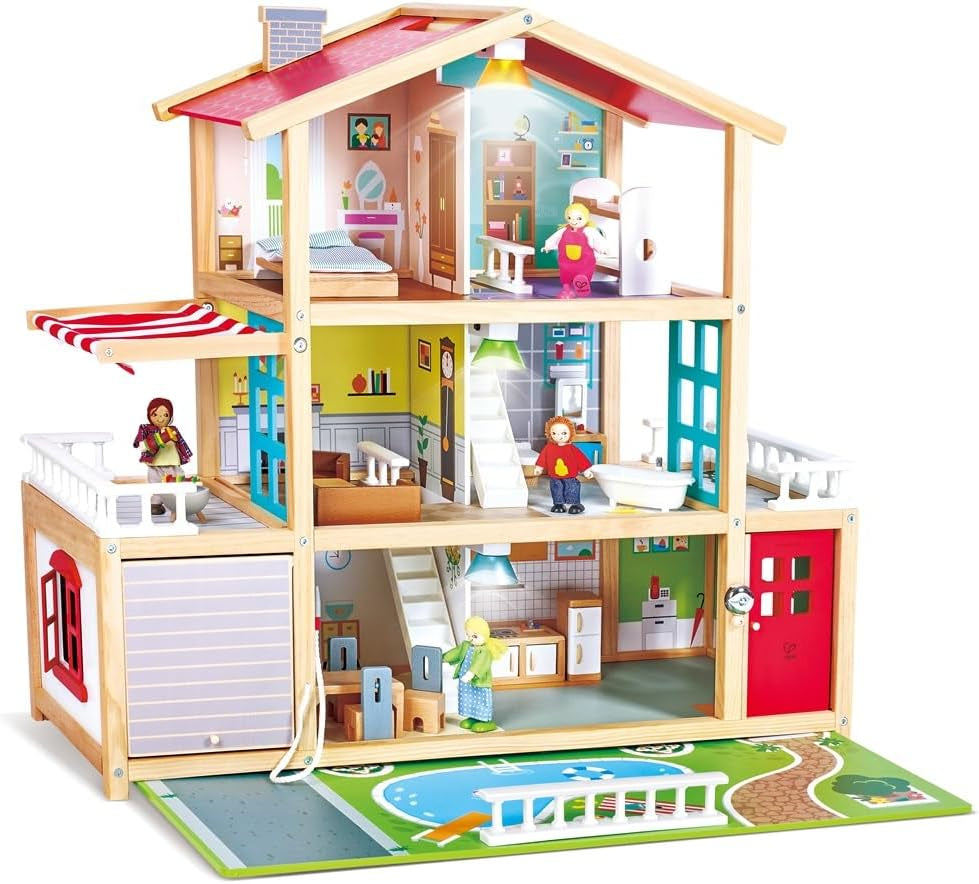Hape Poppenvilla Houten poppenhuis met 10 kamers Creatief rollenspel inclusief meubels en accessoires Educatief speelgoed voor kinderen vanaf 3 jaar
