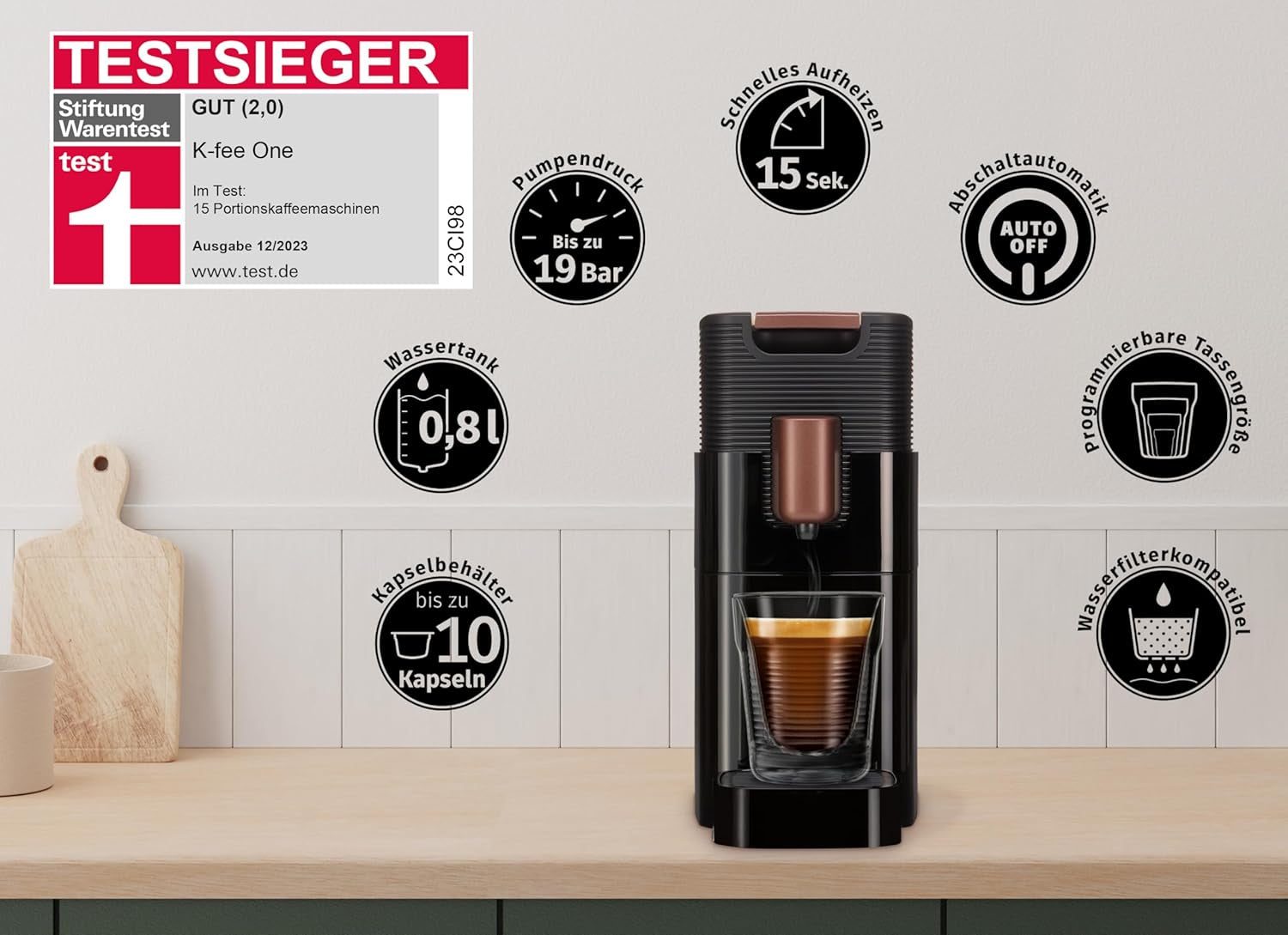 Espressomachine met K-FEE ONE capsules voor koffie, thee en cacao | Compacte espresso | Snelle verwarming | Watertank van 0,8 l | 19 maten | Zwart koper | Stiftung Warentest 2023-testwinnaar